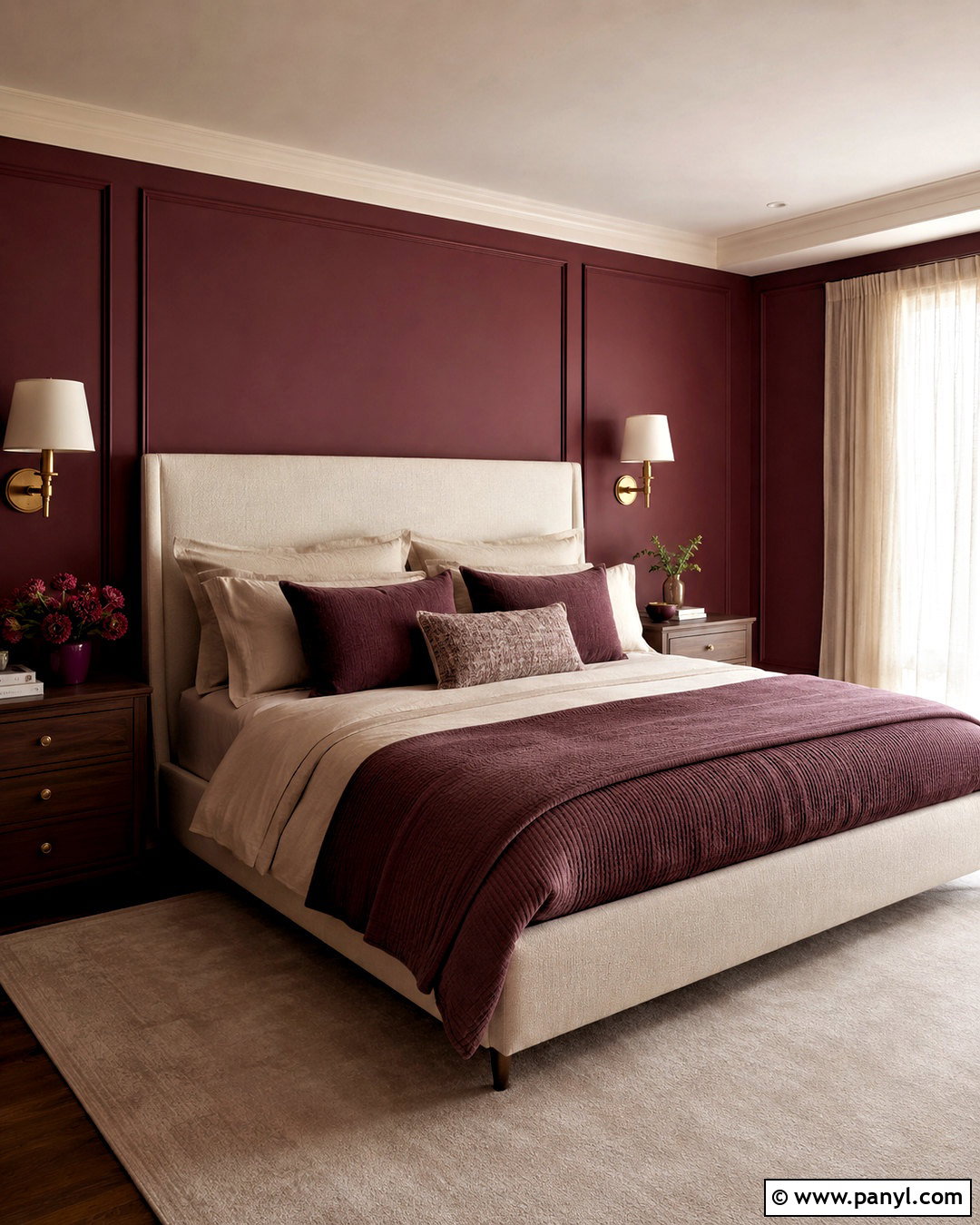 Maroon Bedroom With Brass Details - 40 Maroon Walls