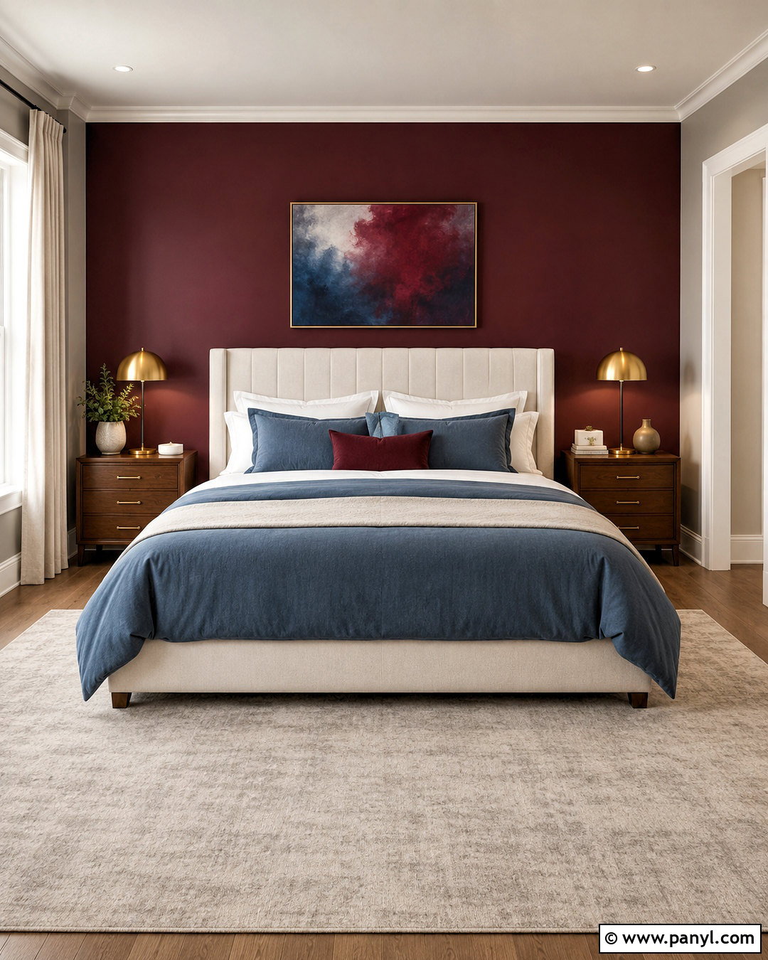 Maroon Bedroom With Dusty Blue Bedding - 40 Maroon Walls
