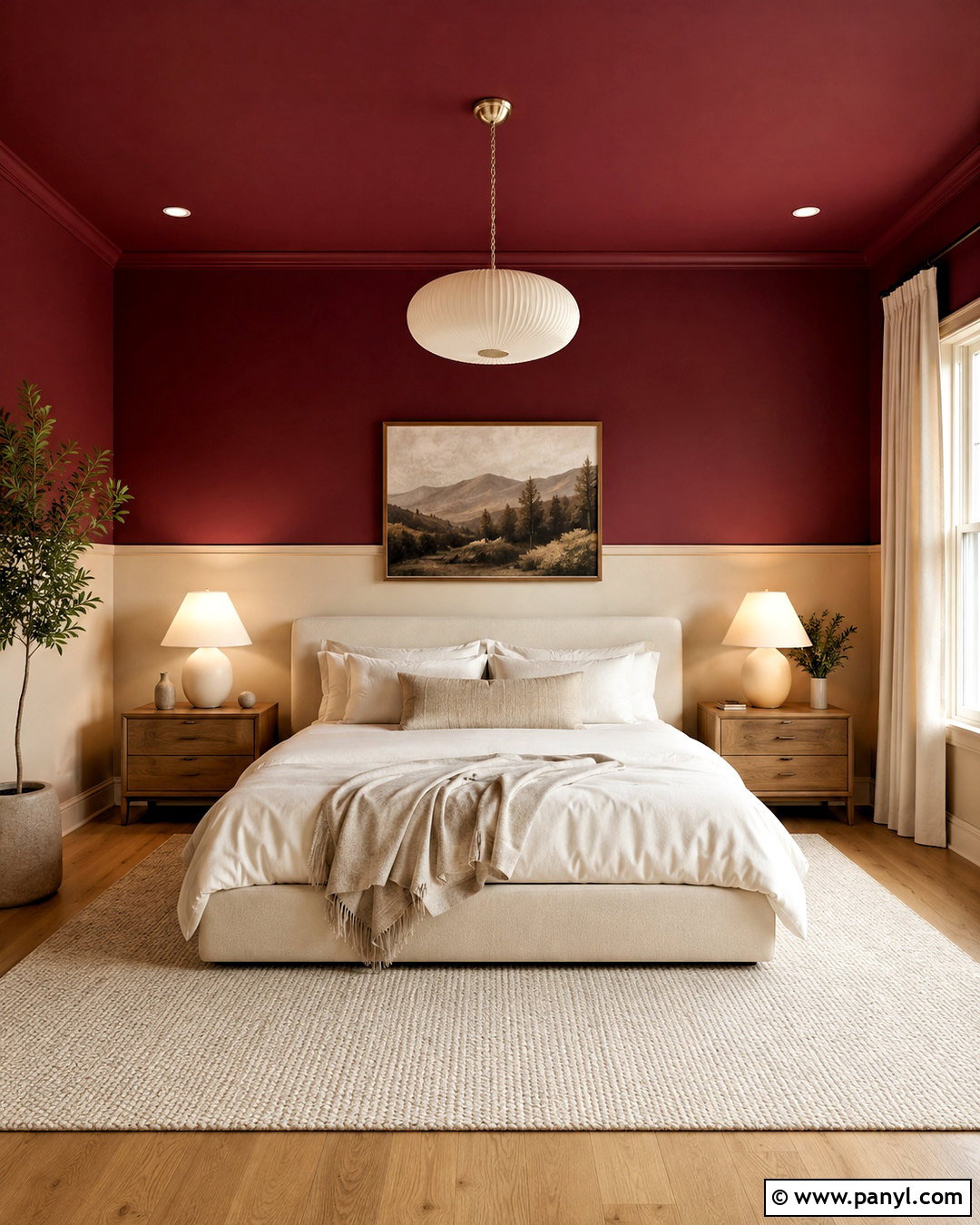 Maroon Bedroom With Painted Ceiling - 40 Maroon Walls