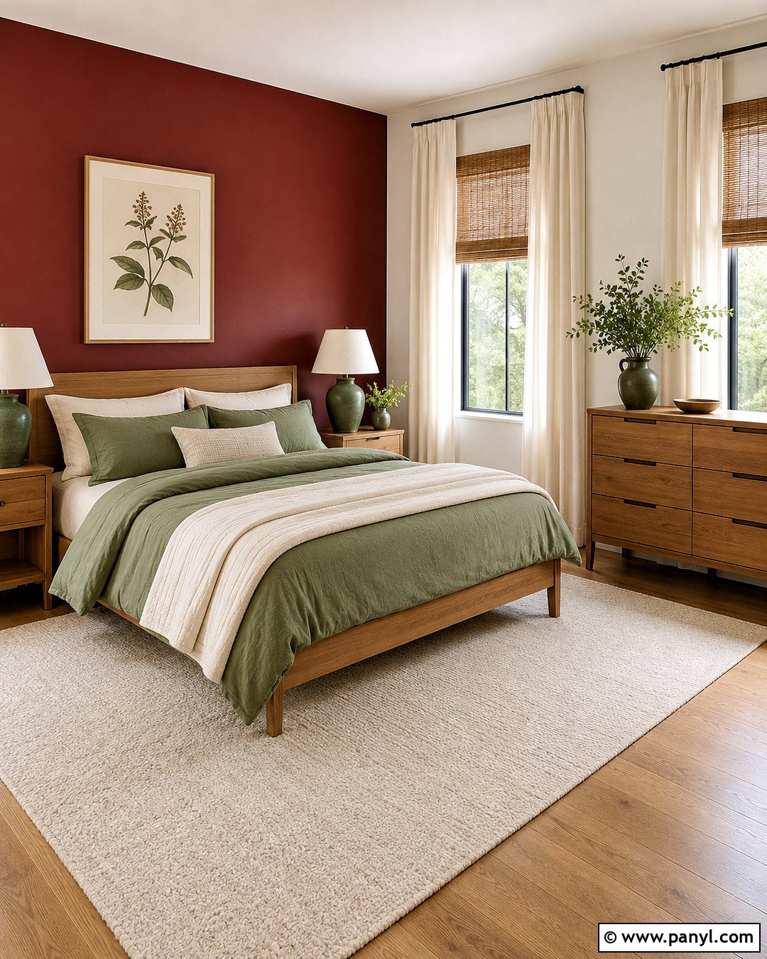 Maroon Bedroom With Sage Green Bedding - 40 Maroon Walls