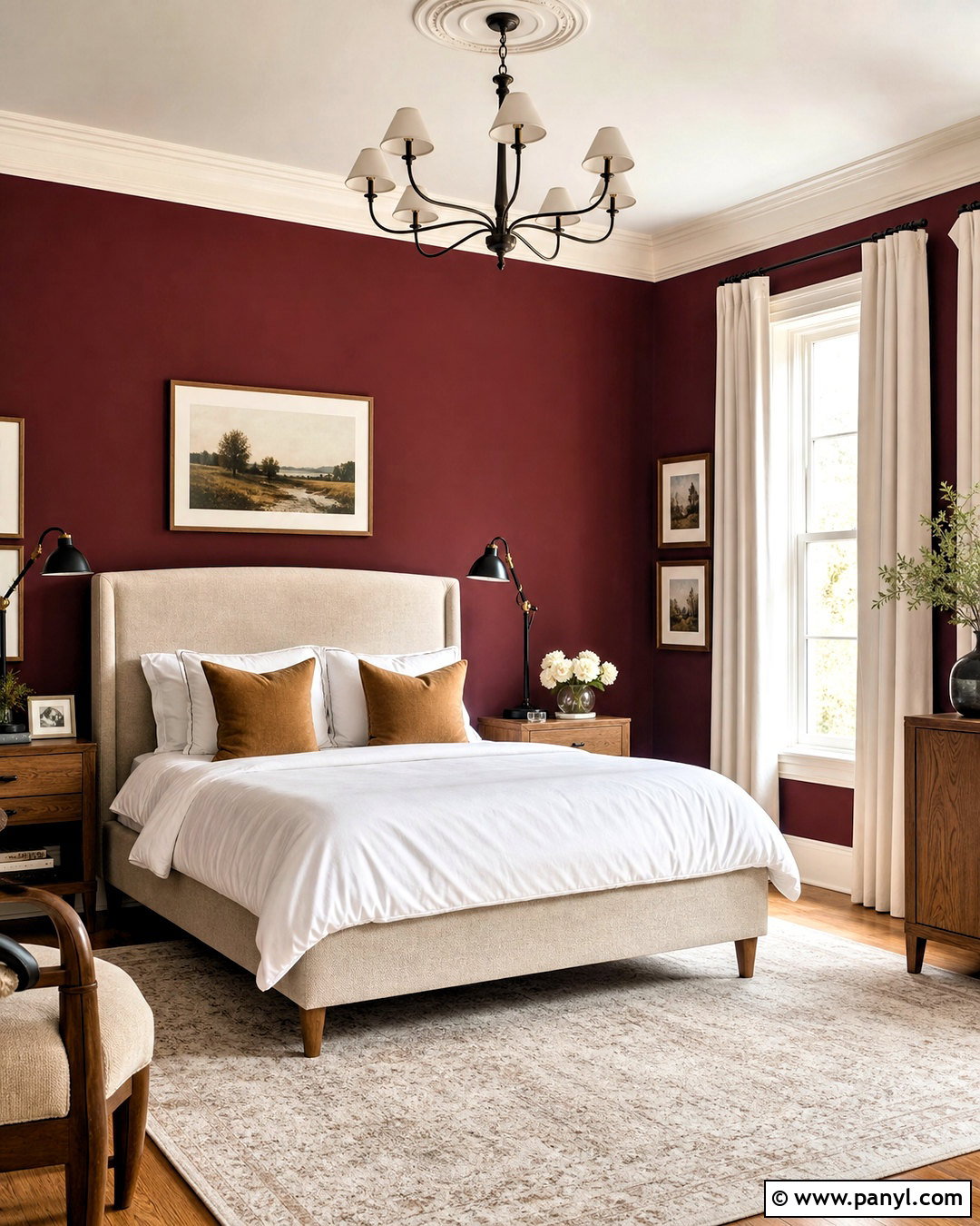 Maroon Bedroom With Warm White Trim - 20 maroon walls bedroom ideas