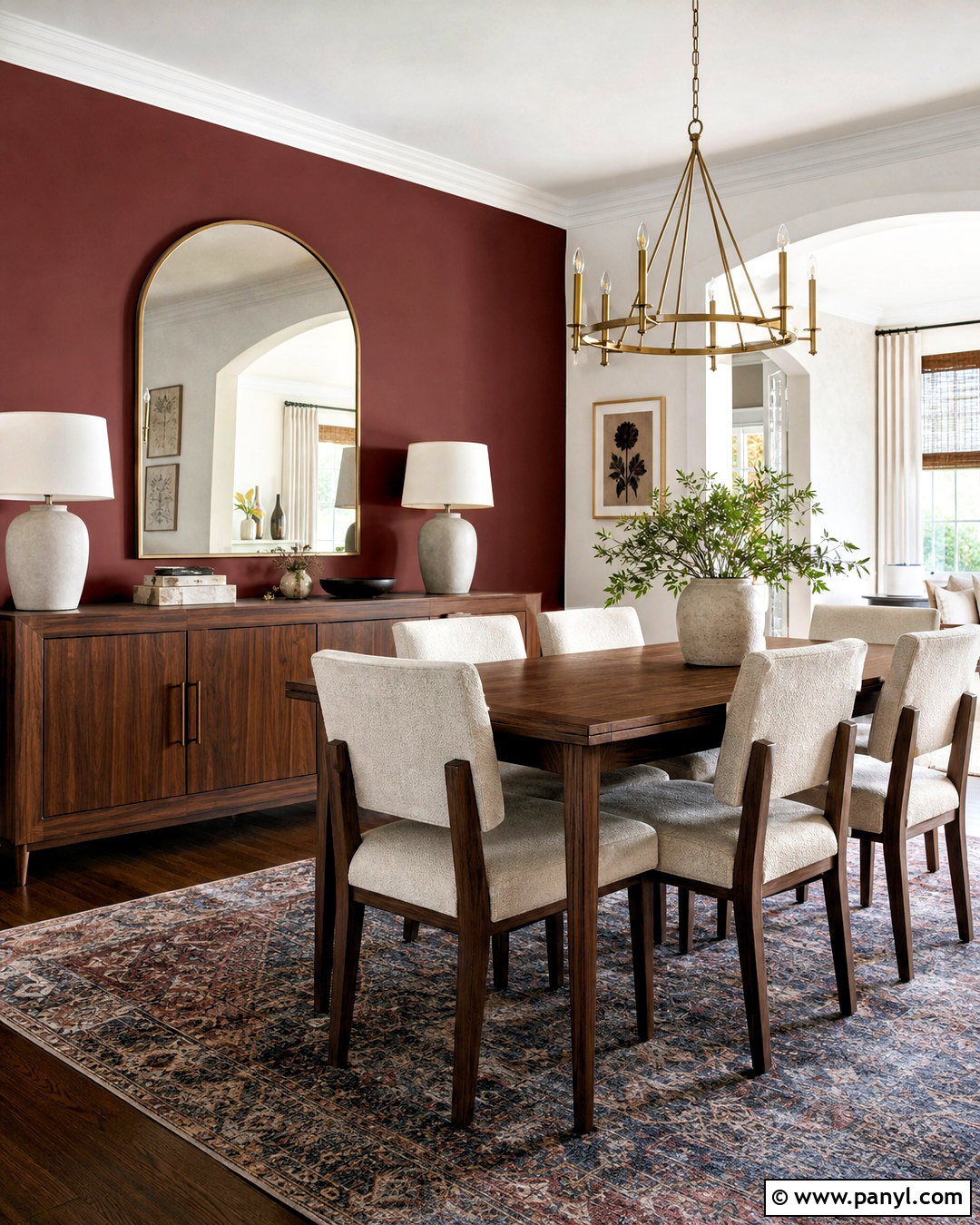 Maroon Dining Room Accent Wall With Walnut Furniture - 20 maroon accent wall ideas