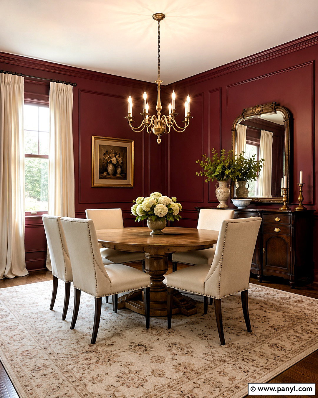 Maroon Dining Room With Picture Frame Molding - 40 Maroon Walls