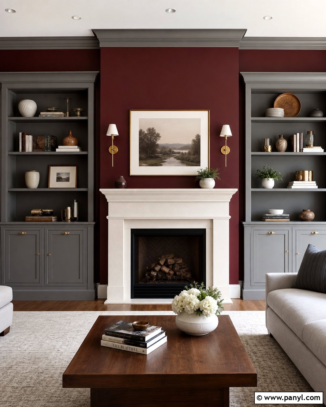 Maroon Fireplace Wall With Grey Built-Ins - 20 Maroon And Grey Walls