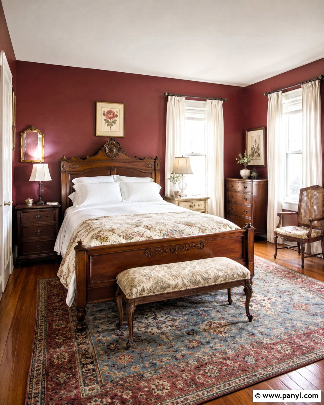 Maroon Guest Bedroom With Vintage Furniture - 40 Maroon Walls
