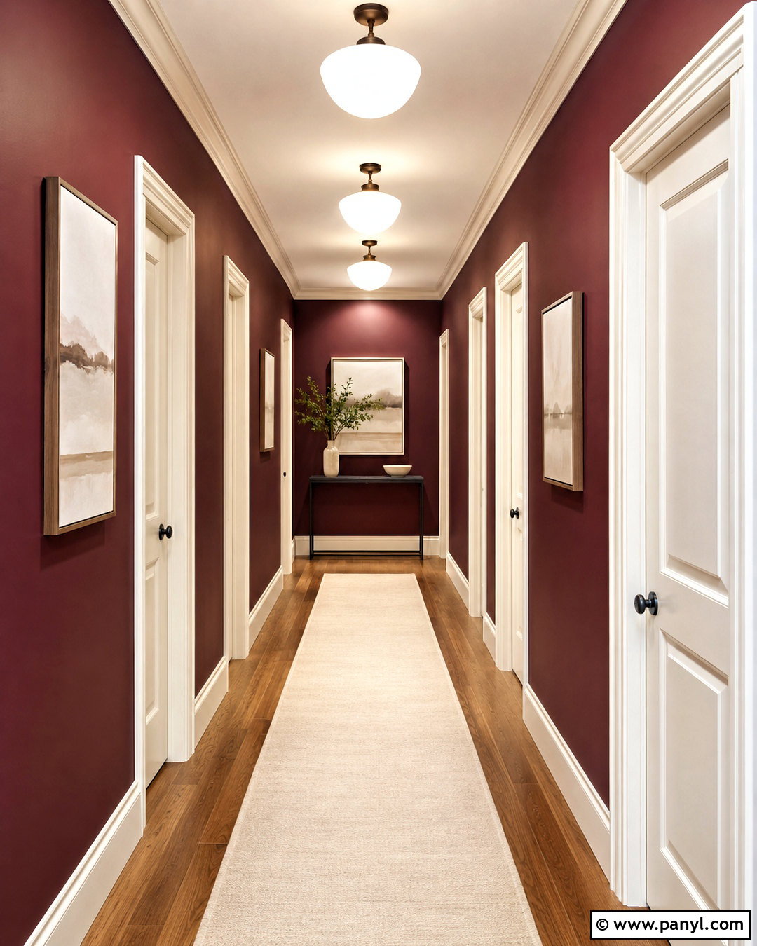 Maroon Hallway With White Doors - 40 Maroon Walls