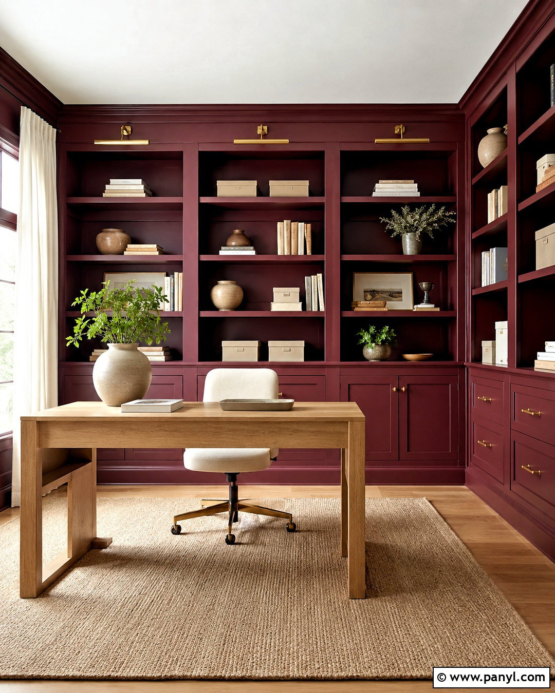 Maroon Home Office With Built-In Shelves - 40 Maroon Walls