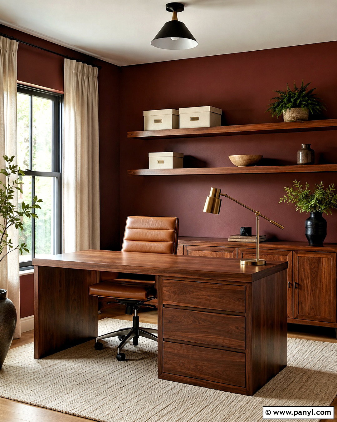 Maroon Home Office With Walnut Desk - 40 Maroon Walls