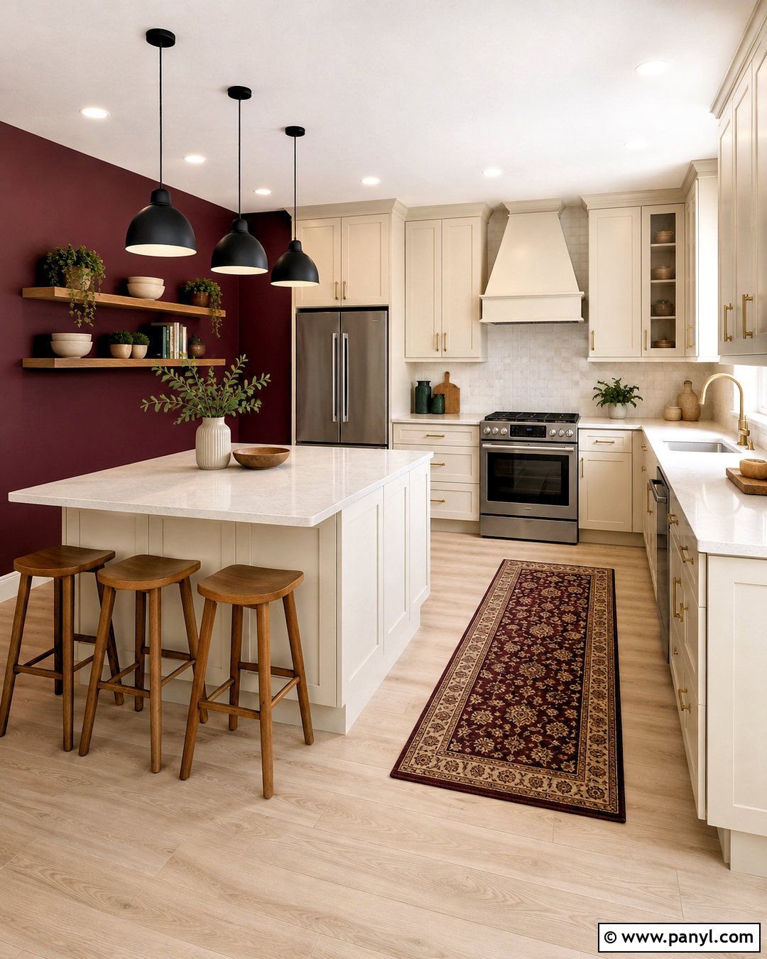 Maroon Kitchen With Cream Cabinets - 40 Maroon Walls