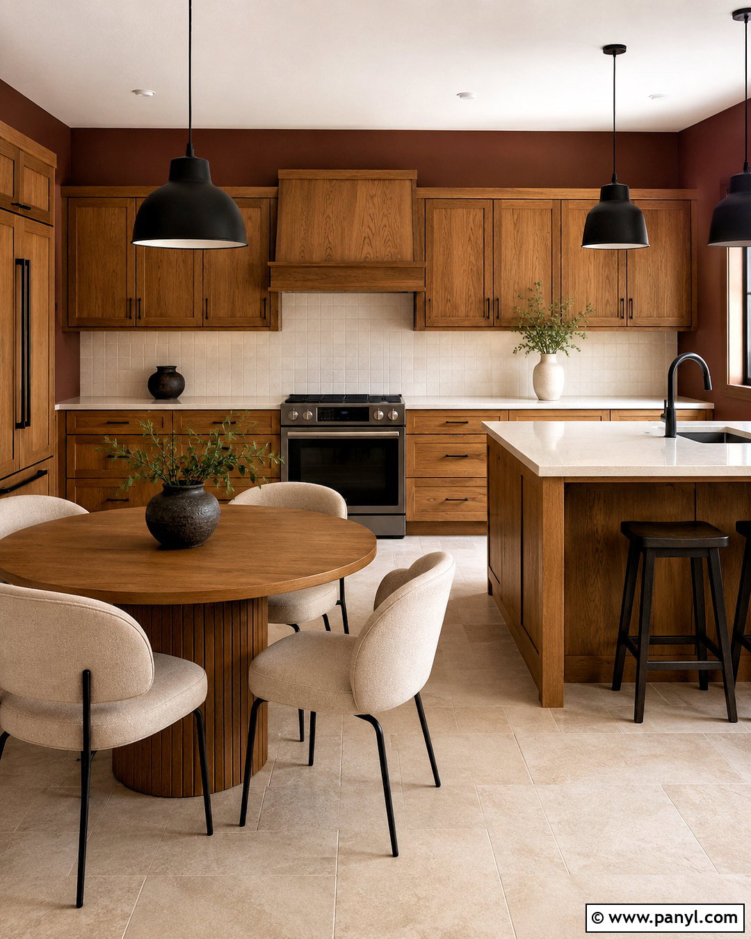 Maroon Kitchen With Wood Cabinets - 40 Maroon Walls