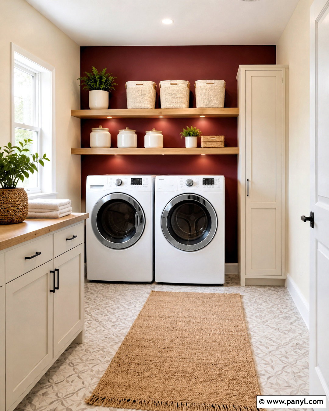 Maroon Laundry Room With Open Shelves - 40 Maroon Walls