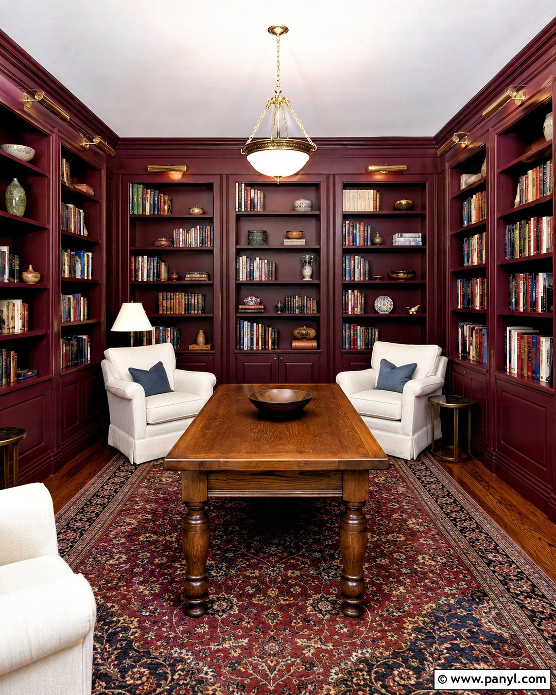 Maroon Library With Floor-To-Ceiling Bookcases - 40 Maroon Walls