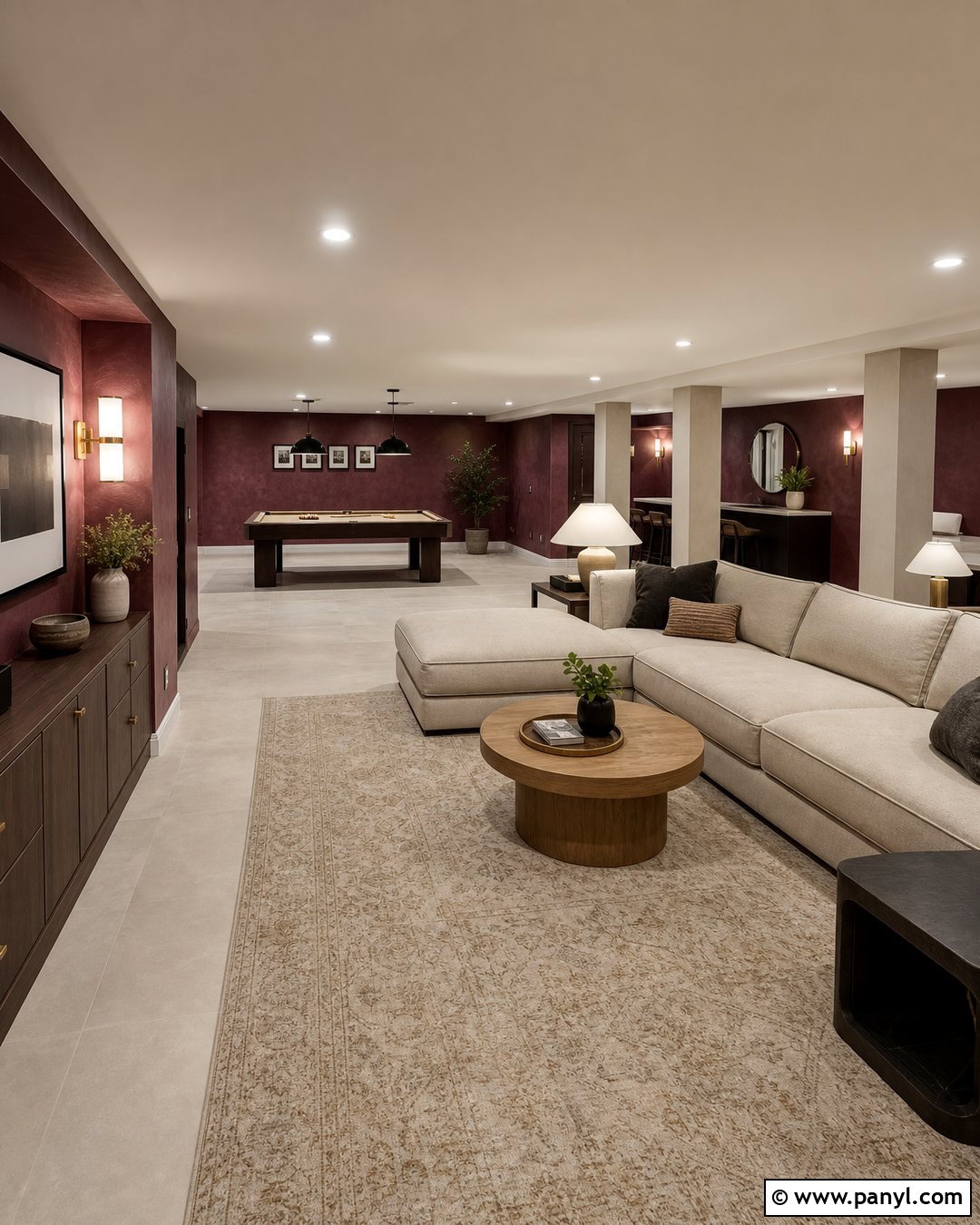 Maroon Limewash Basement Lounge - 25 Maroon Limewash Ideas