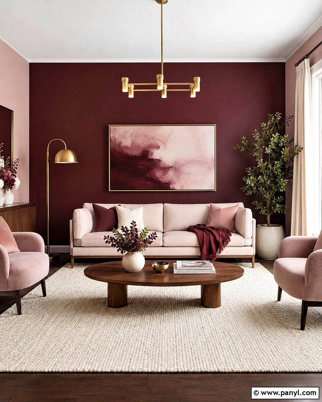 Maroon Living Room With Blush Pink Decor - 40 Maroon Walls