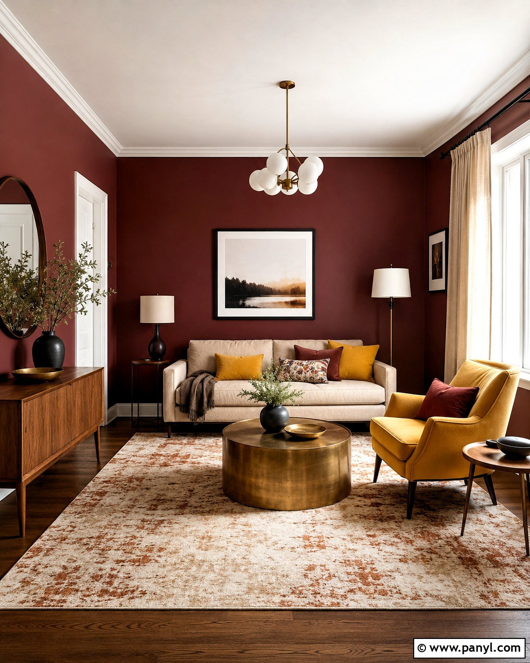 Maroon Living Room With Mustard Accents - 40 Maroon Walls