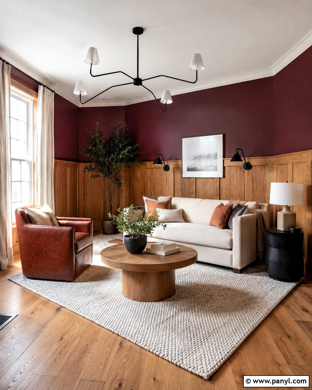 Maroon Living Room With Wood Paneling - 40 Maroon Walls