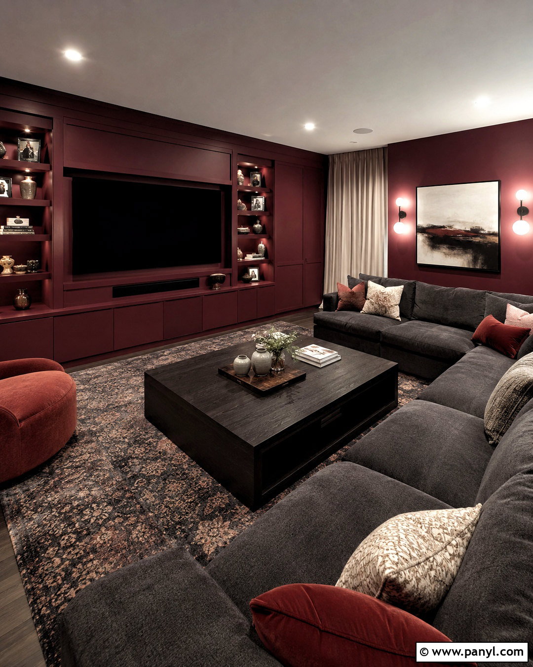 Maroon Media Room With Charcoal Gray - 20 maroon interior ideas