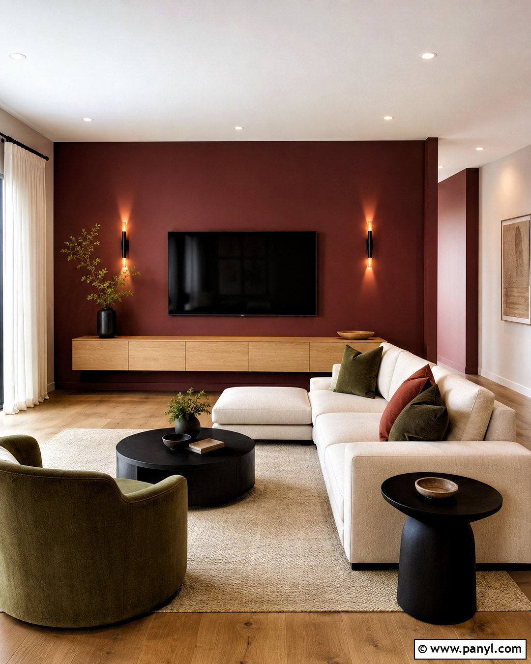 Maroon Media Wall With Floating Cabinet - 40 Maroon Walls