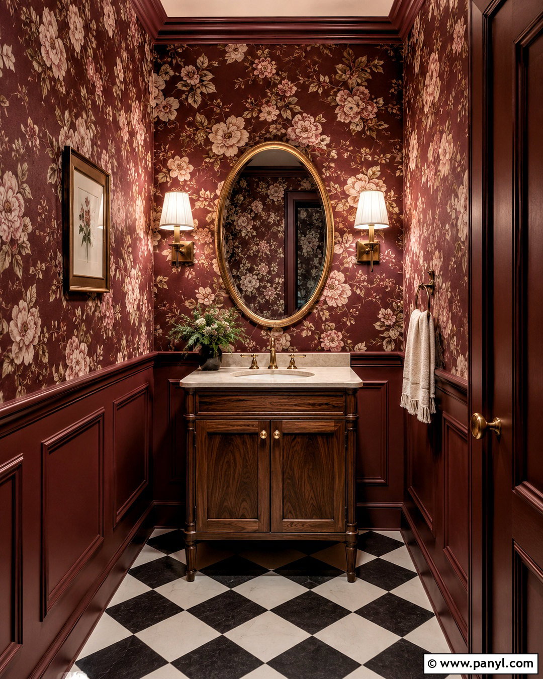 Maroon Powder Room With Floral Wallpaper - 20 maroon interior ideas