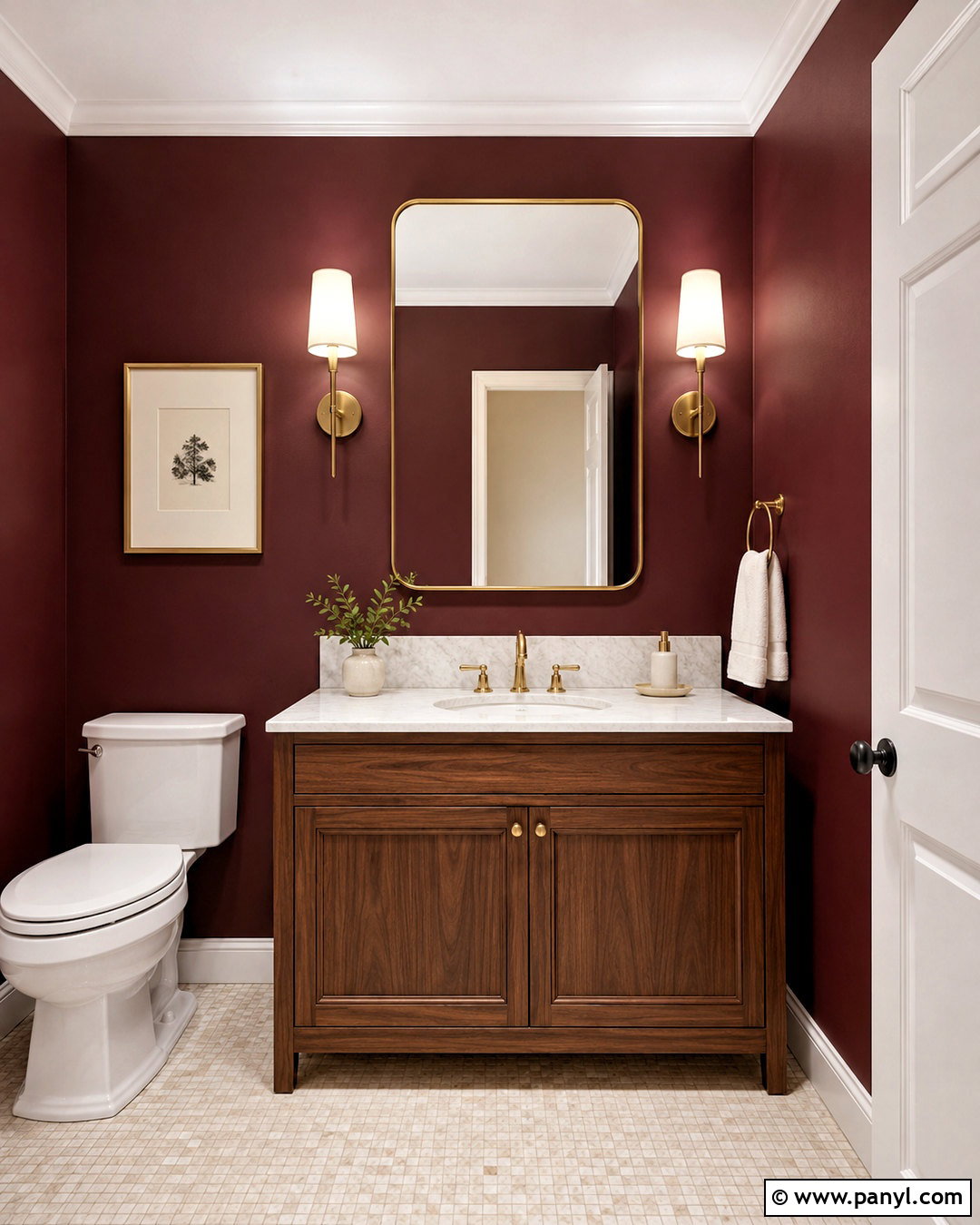 Maroon Powder Room With Marble Vanity - 40 Maroon Walls