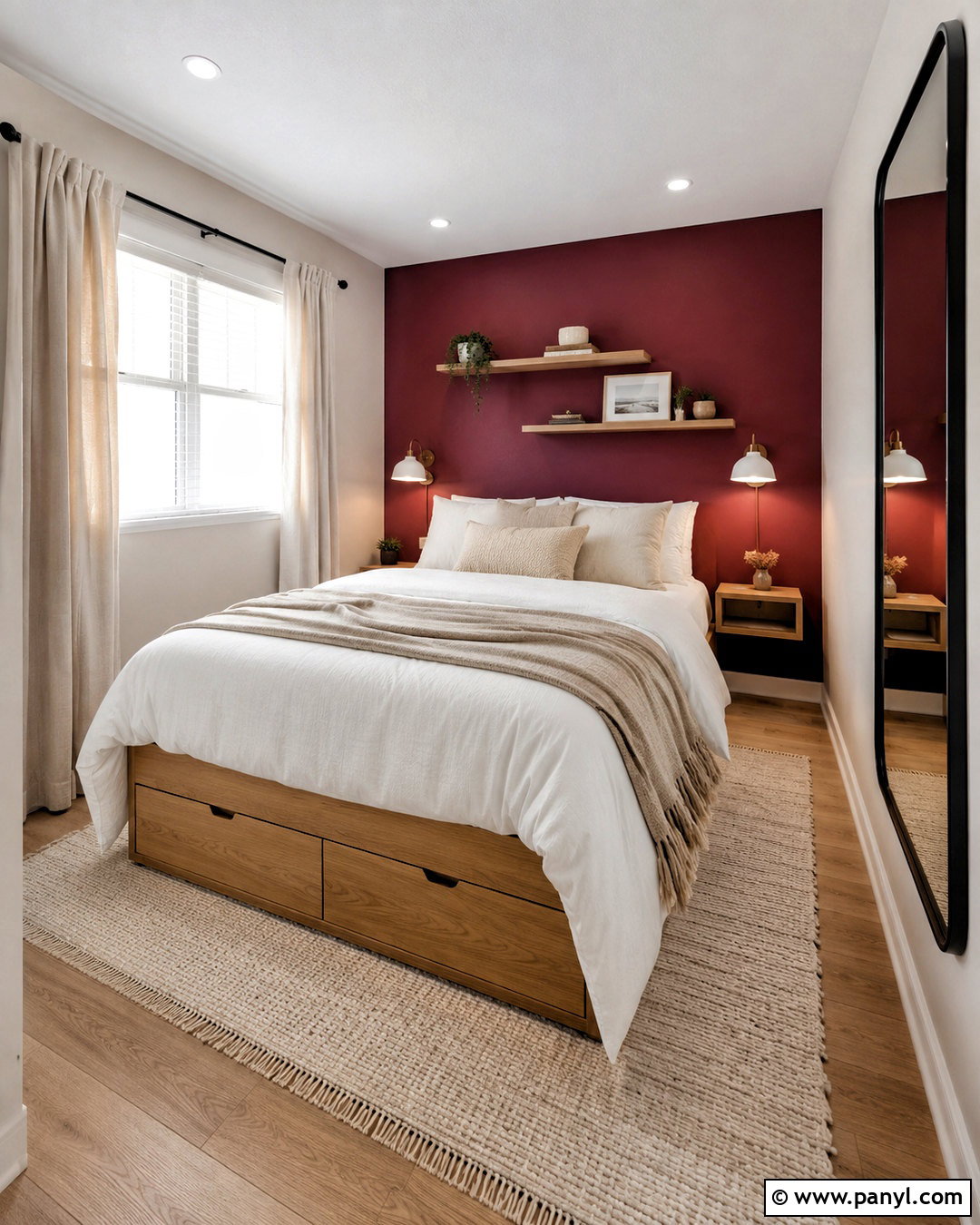 Maroon Small Bedroom With Light Wood - 40 Maroon Walls