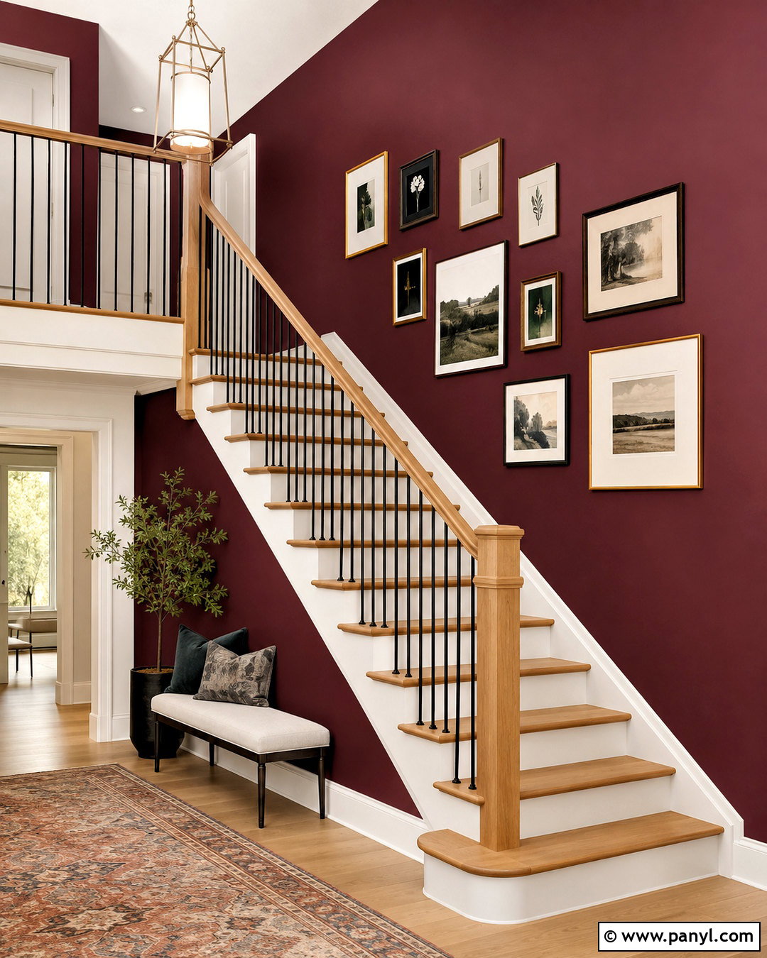 Maroon Staircase Wall With Gallery Frames - 40 Maroon Walls
