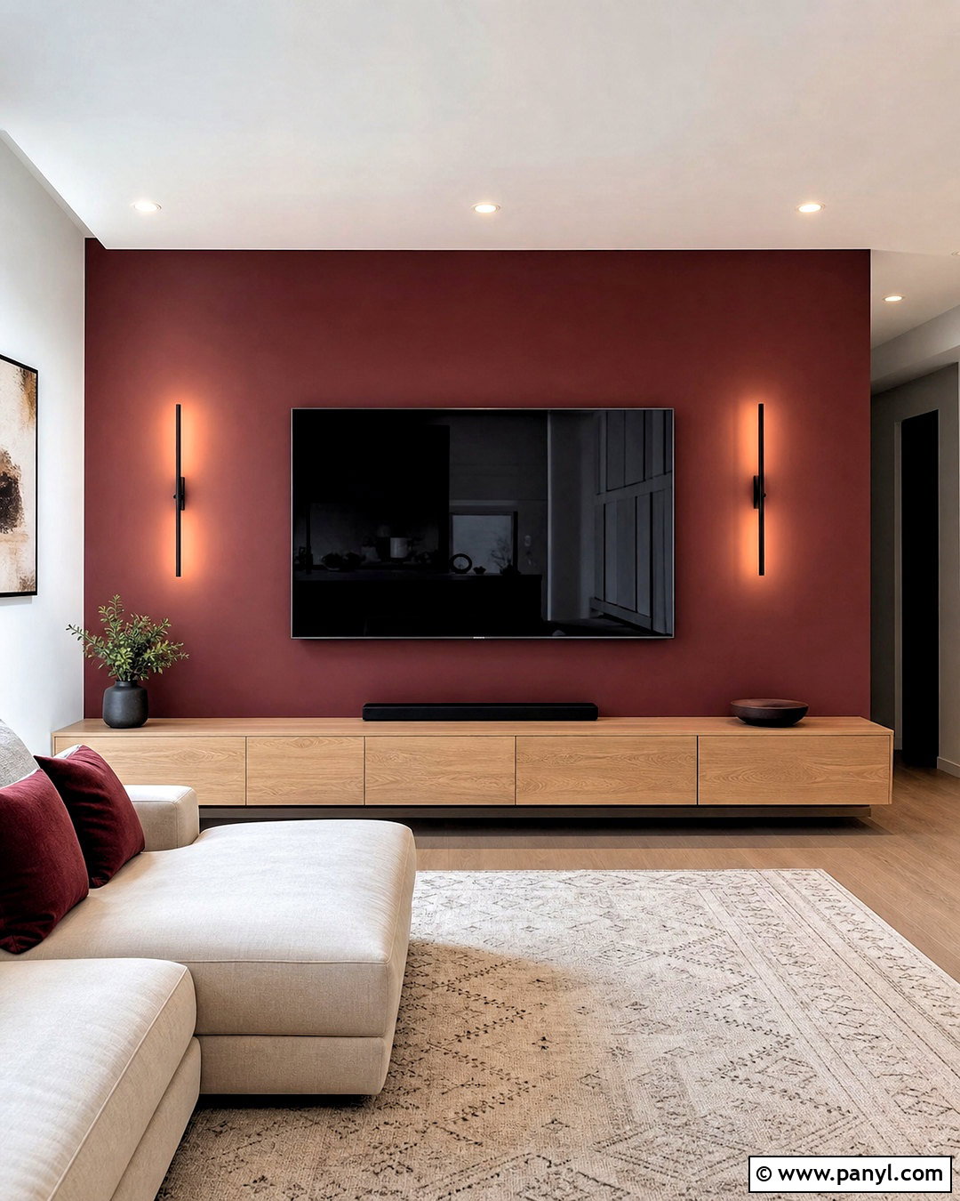 Maroon TV Wall With Floating Cabinet - 20 maroon accent wall ideas
