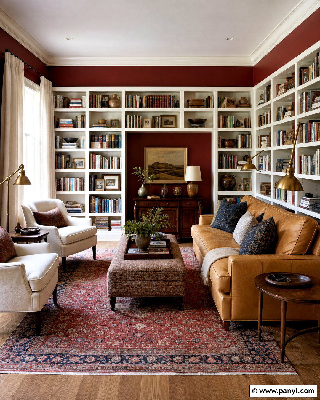 Maroon Walls With Built-In Bookshelves - 20 maroon walls living room ideas