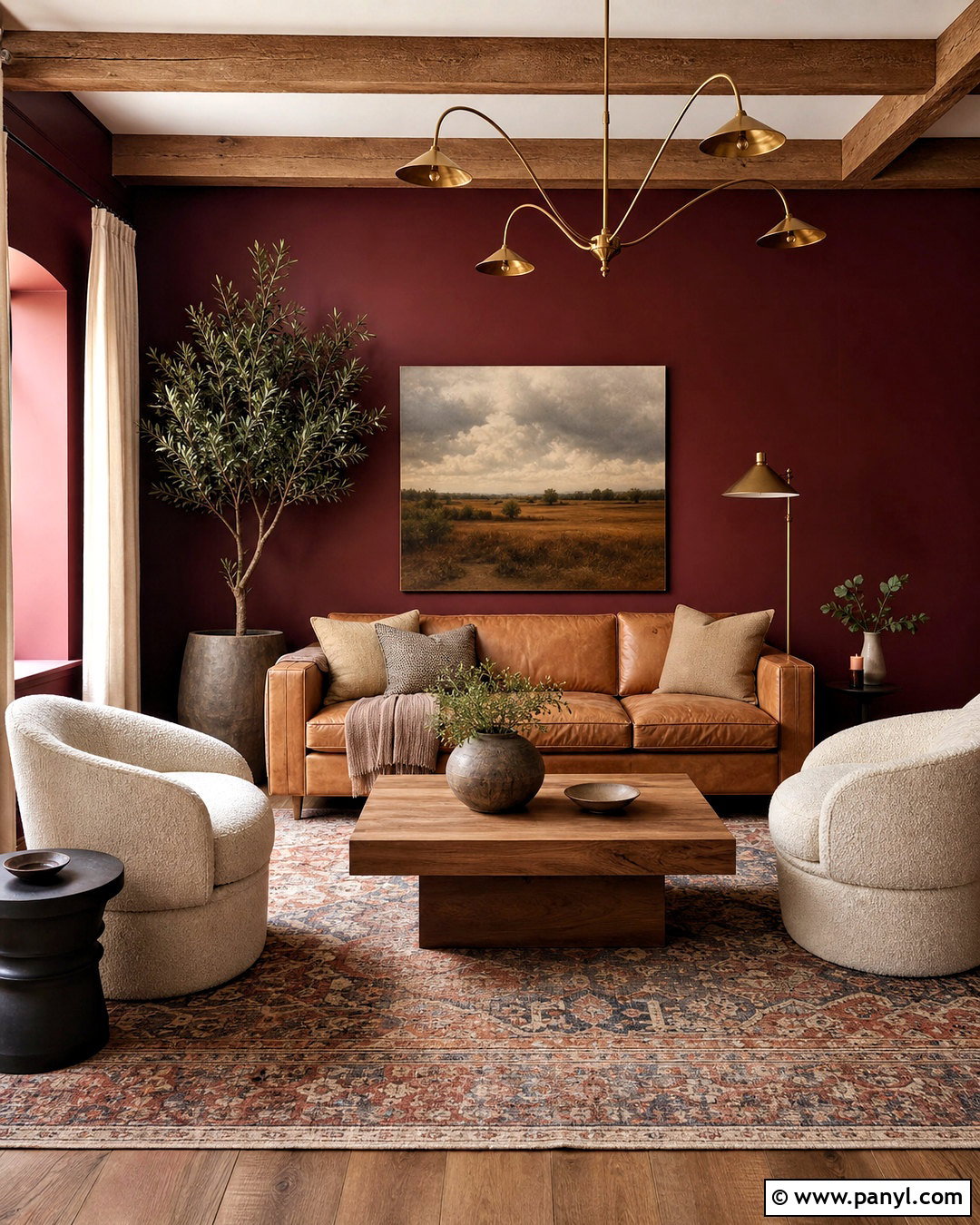 Maroon Walls With Camel Leather Sofa - 20 maroon walls living room ideas