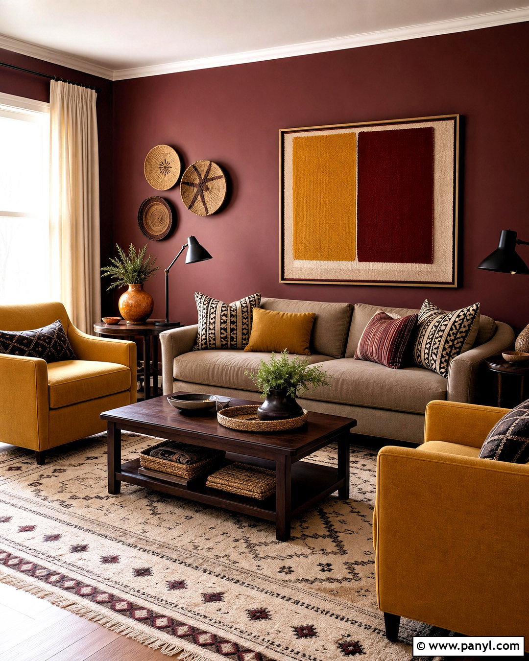 Maroon Walls With Mustard Yellow Decor - 20 maroon walls living room ideas