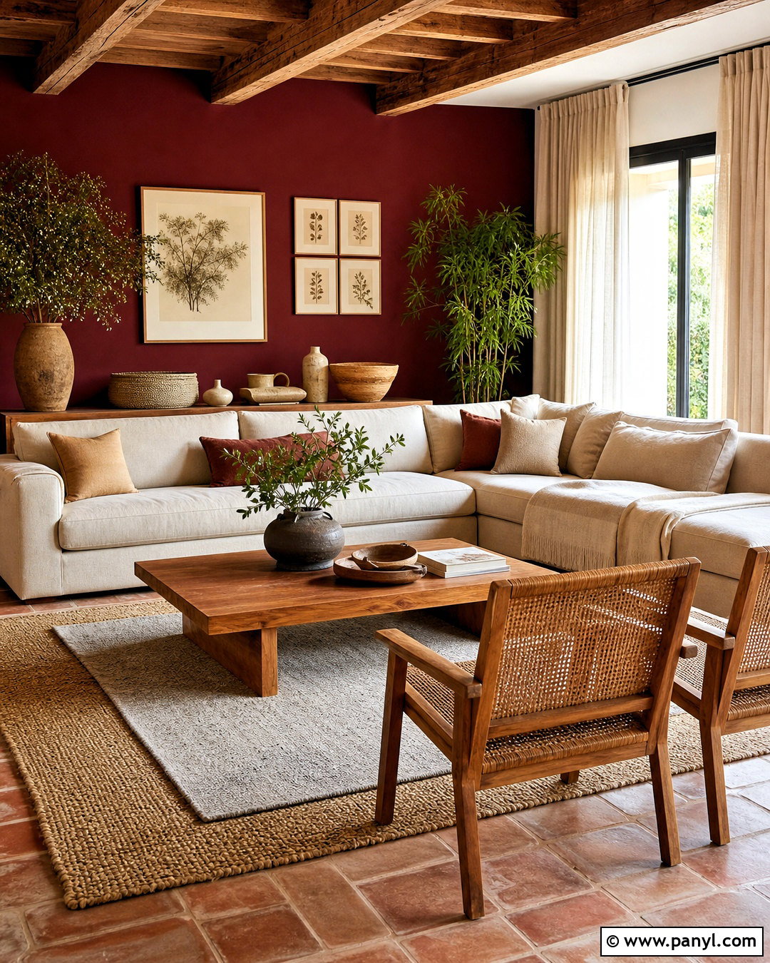 Maroon Walls With Natural Wood Decor - 20 maroon walls living room ideas