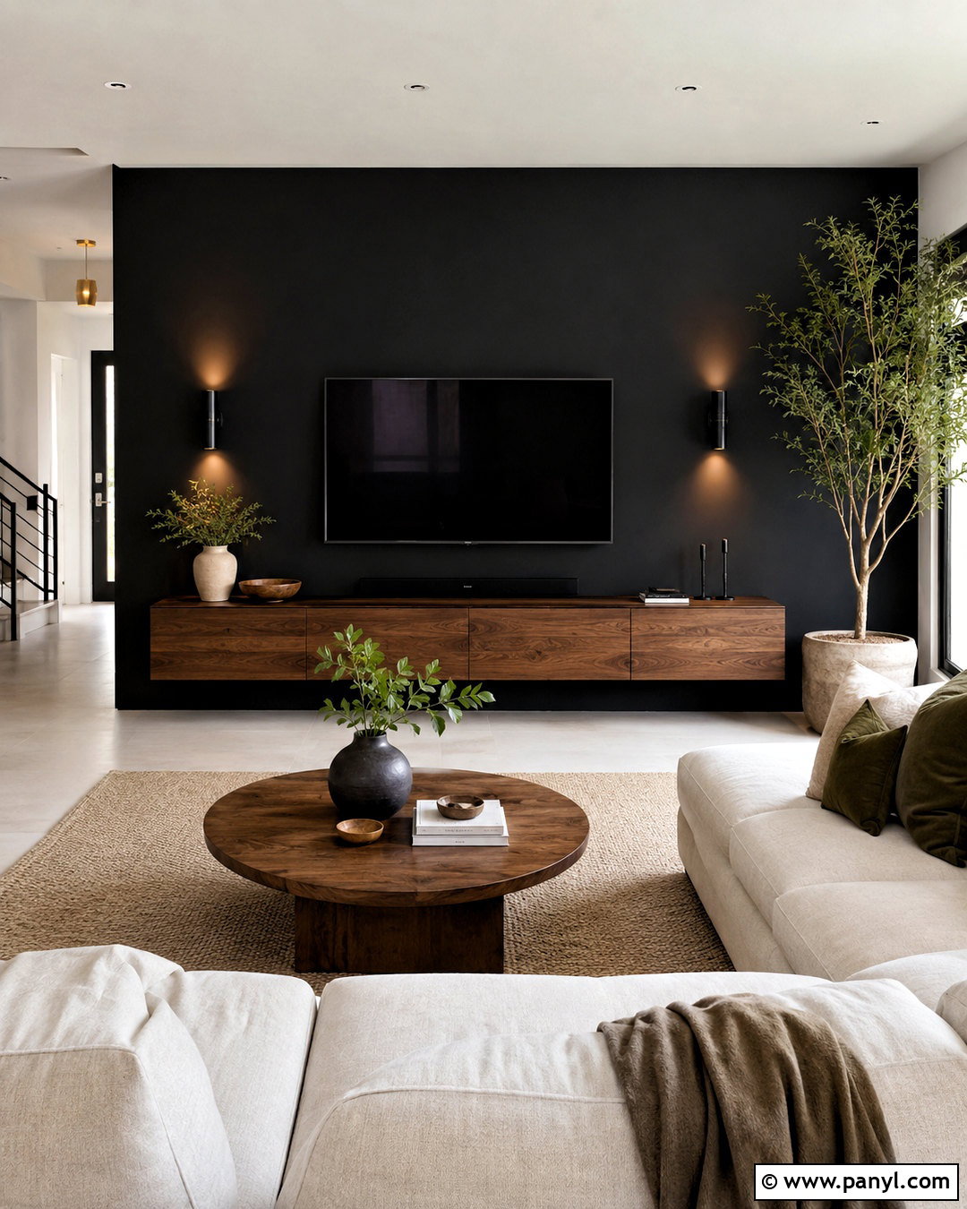 Matte Black Accent Wall Behind TV - 20 black accent wall living room ideas