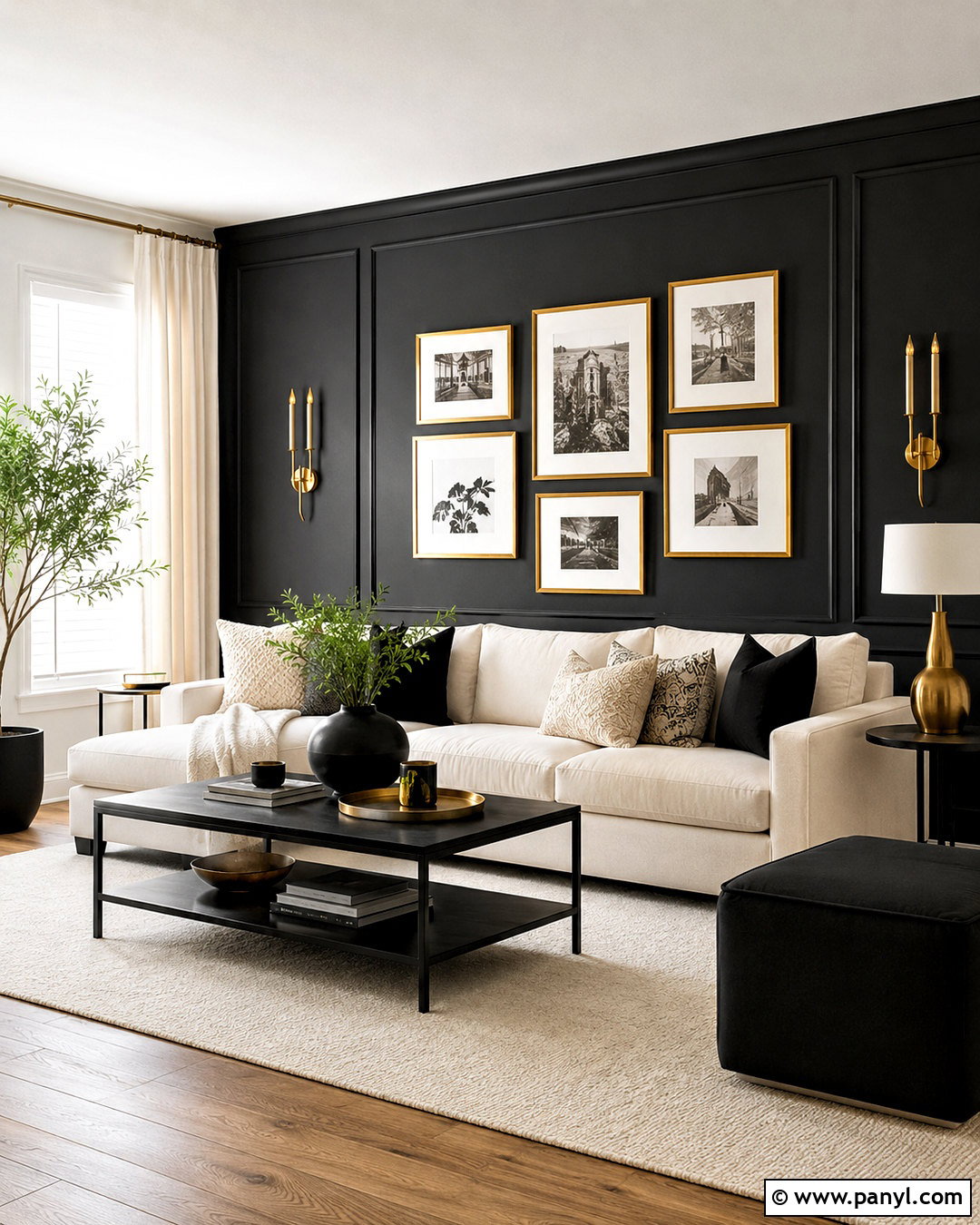 Matte Black Accent Wall With Gold Frames - 20 black and gold accent wall ideas