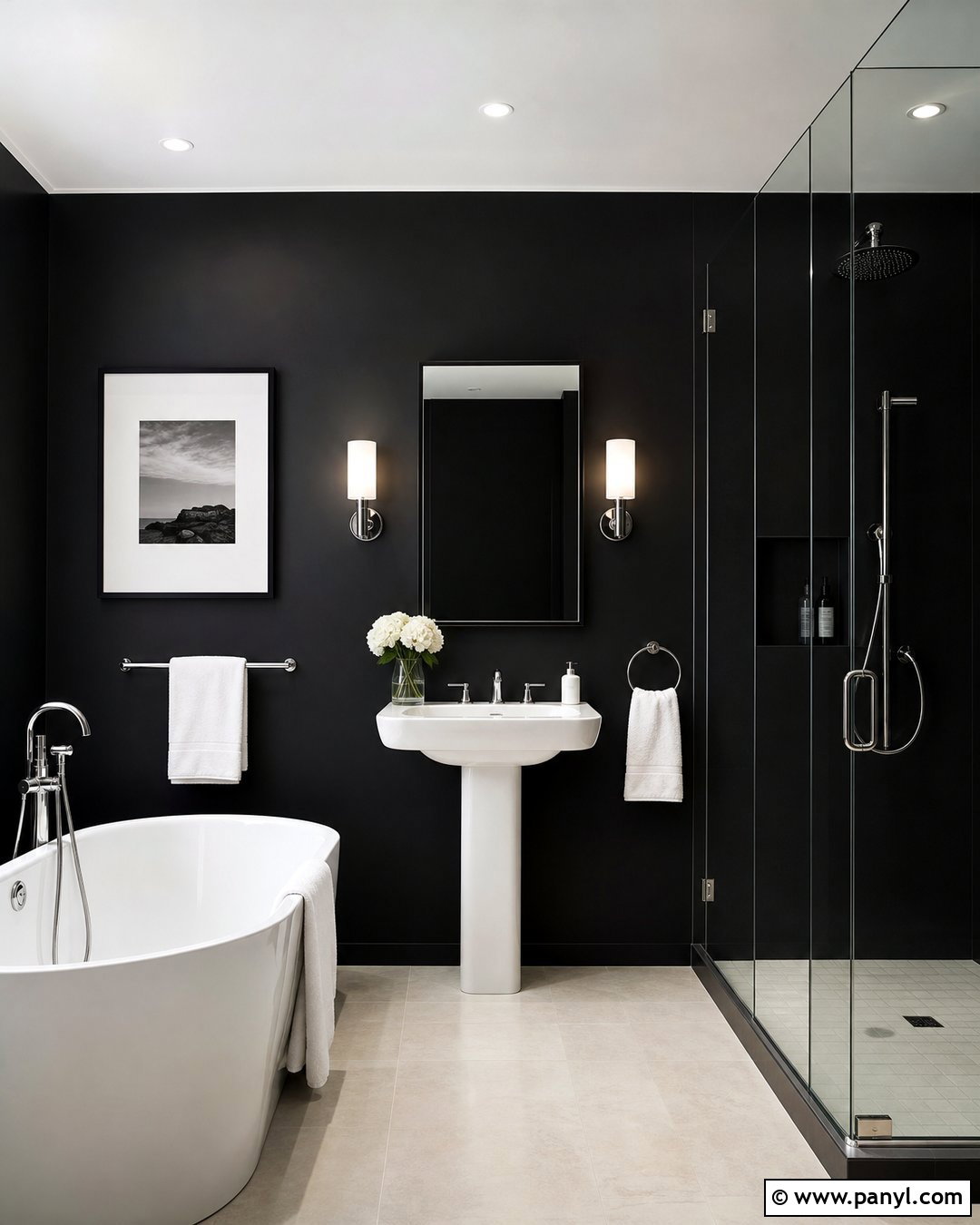 Matte Black Bathroom Walls With White Fixtures - 35 black bathroom walls