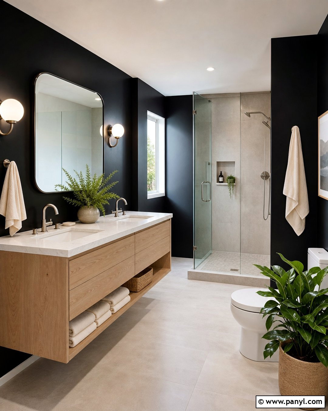 Matte Black Bathroom Walls With White Oak Vanity - 30 black walls bathroom ideas