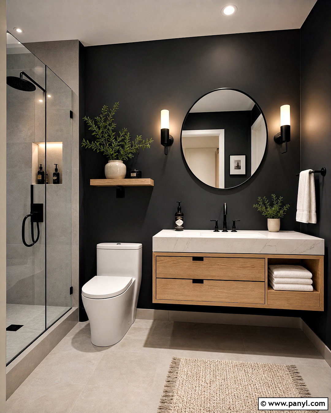 Matte Black Bathroom With Wood Vanity - 20 small black bathroom ideas