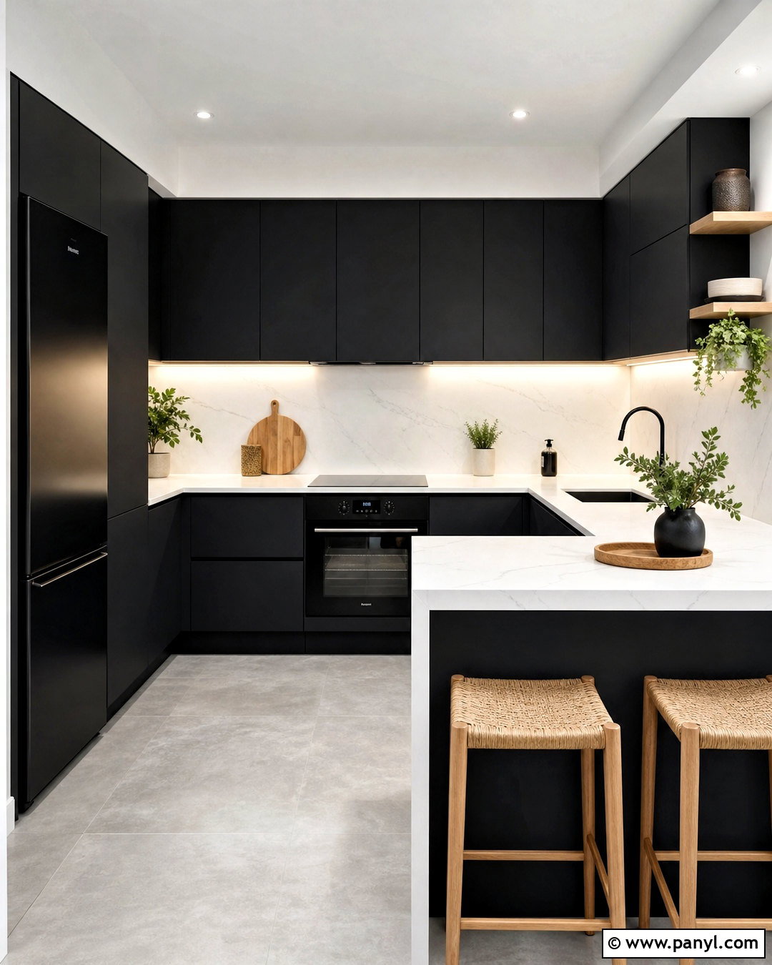 Matte Black Cabinets With White Quartz - 20 small black kitchen ideas