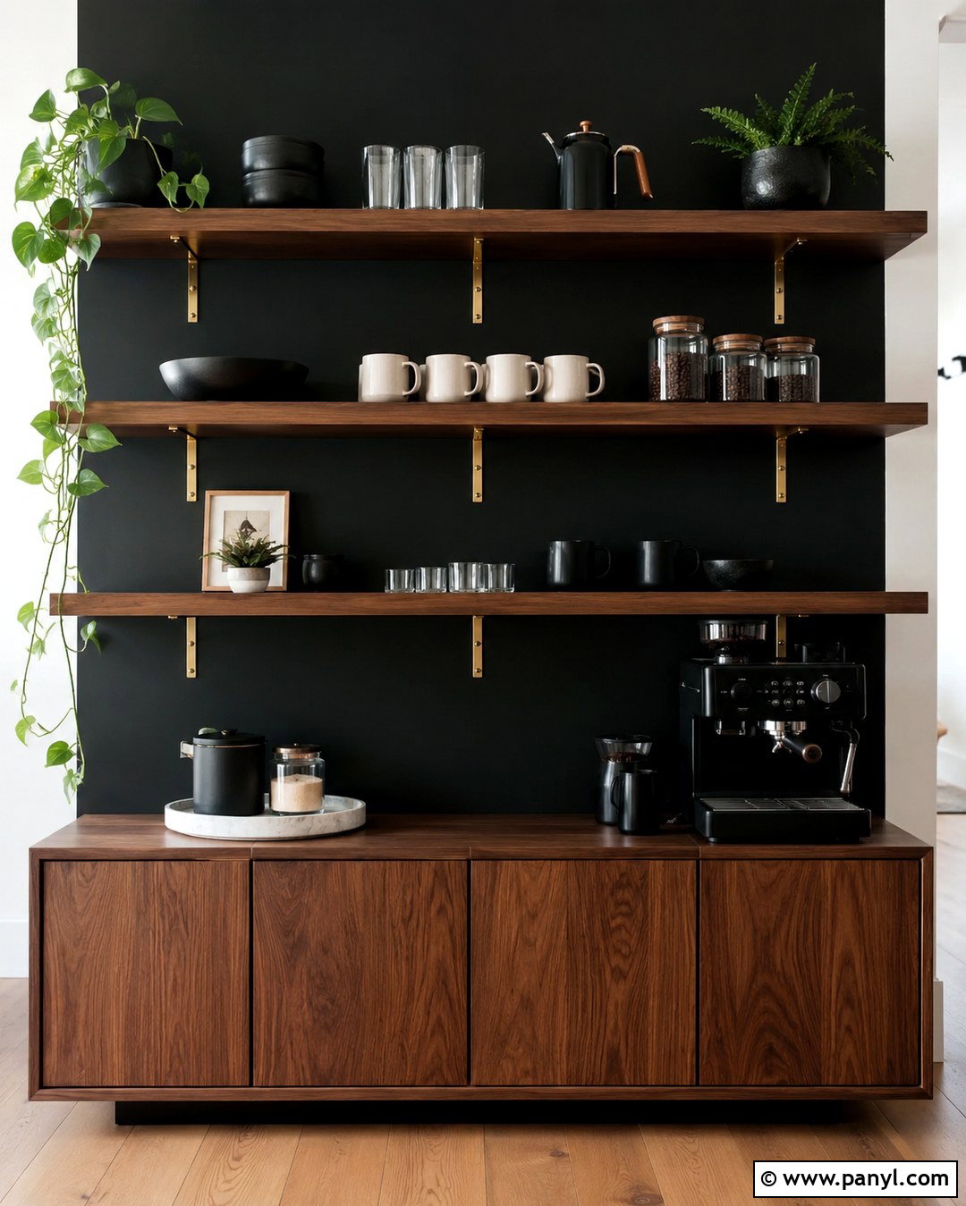 Matte Black Coffee Bar With Wood Shelves - 20 Black Accent Wall Coffee Bar Ideas