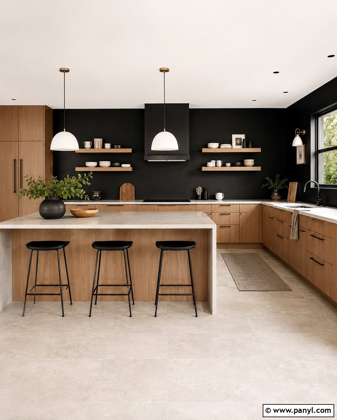 Matte Black Kitchen Wall With Oak Cabinets - 20 dark wall in kitchen ideas