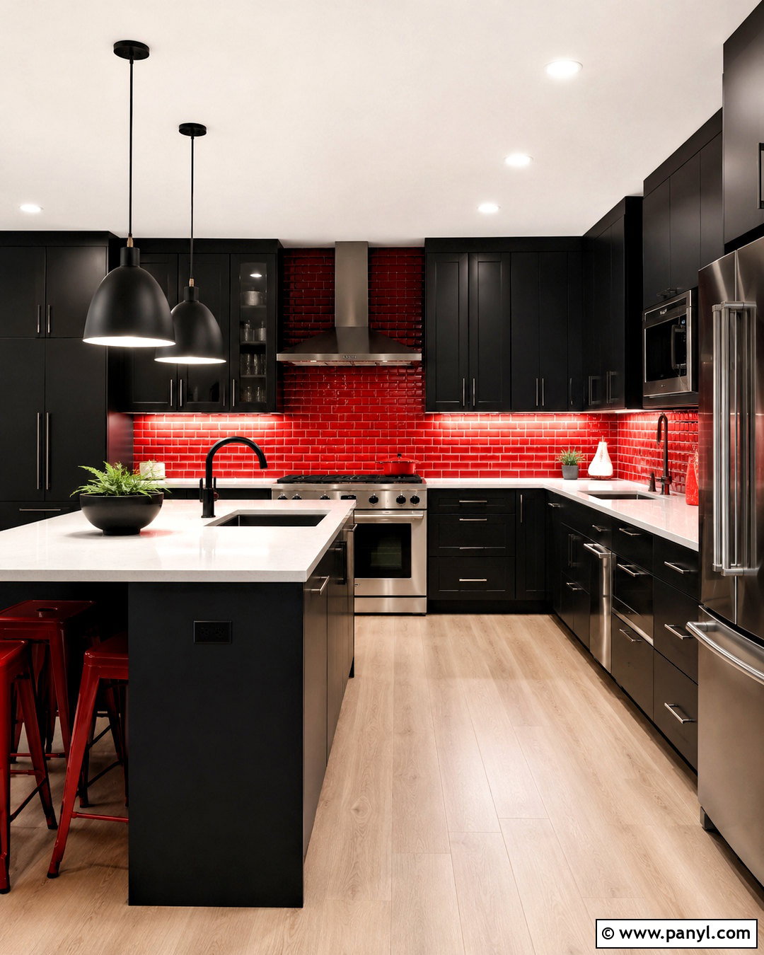 Matte Black Kitchen With Red Backsplash - 20 black and red kitchen ideas