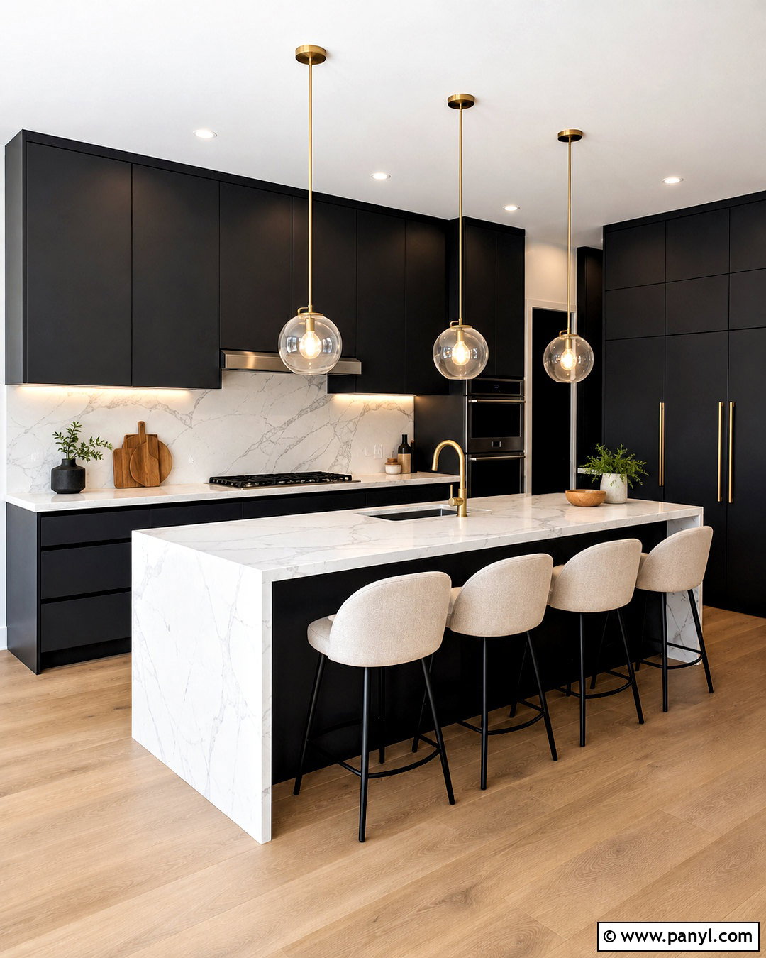 Matte Black Kitchen With White Marble - 20 black kitchen interior ideas
