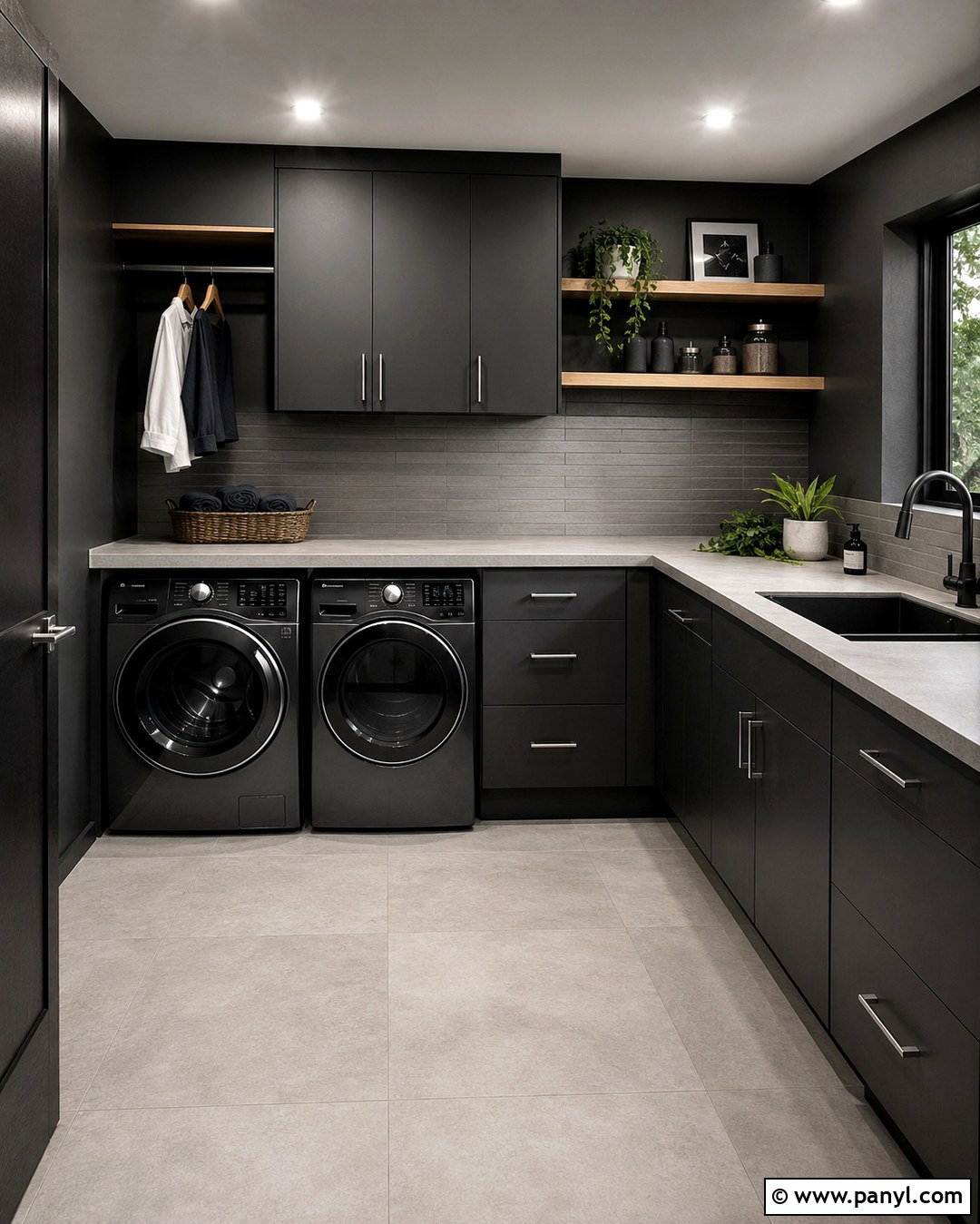 Matte Black Laundry Room With Concrete Counters - 20 Dark Wall Laundry Room Ideas