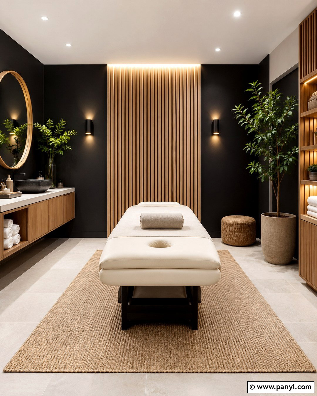 Matte Black Spa Room With Oak - 20 Black Wall Spa Room Ideas