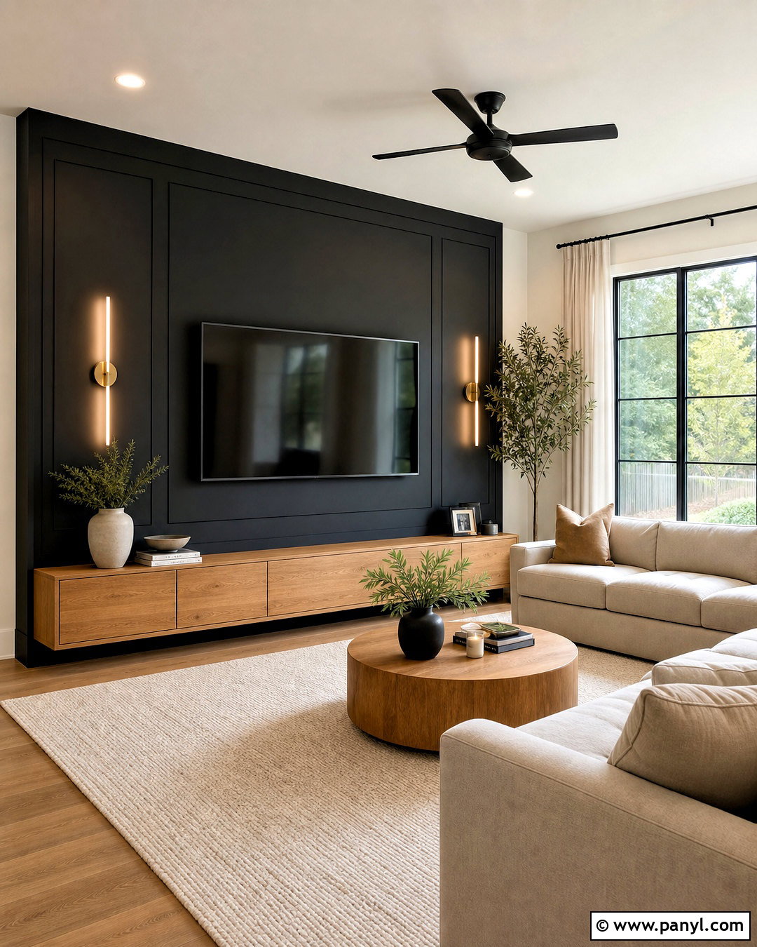 Matte Black TV Feature Wall - 20 black feature wall living room ideas