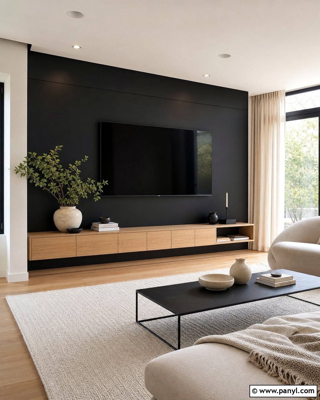 Matte Black TV Wall With Oak Console - 35 Black Wall Behind Tv Ideas