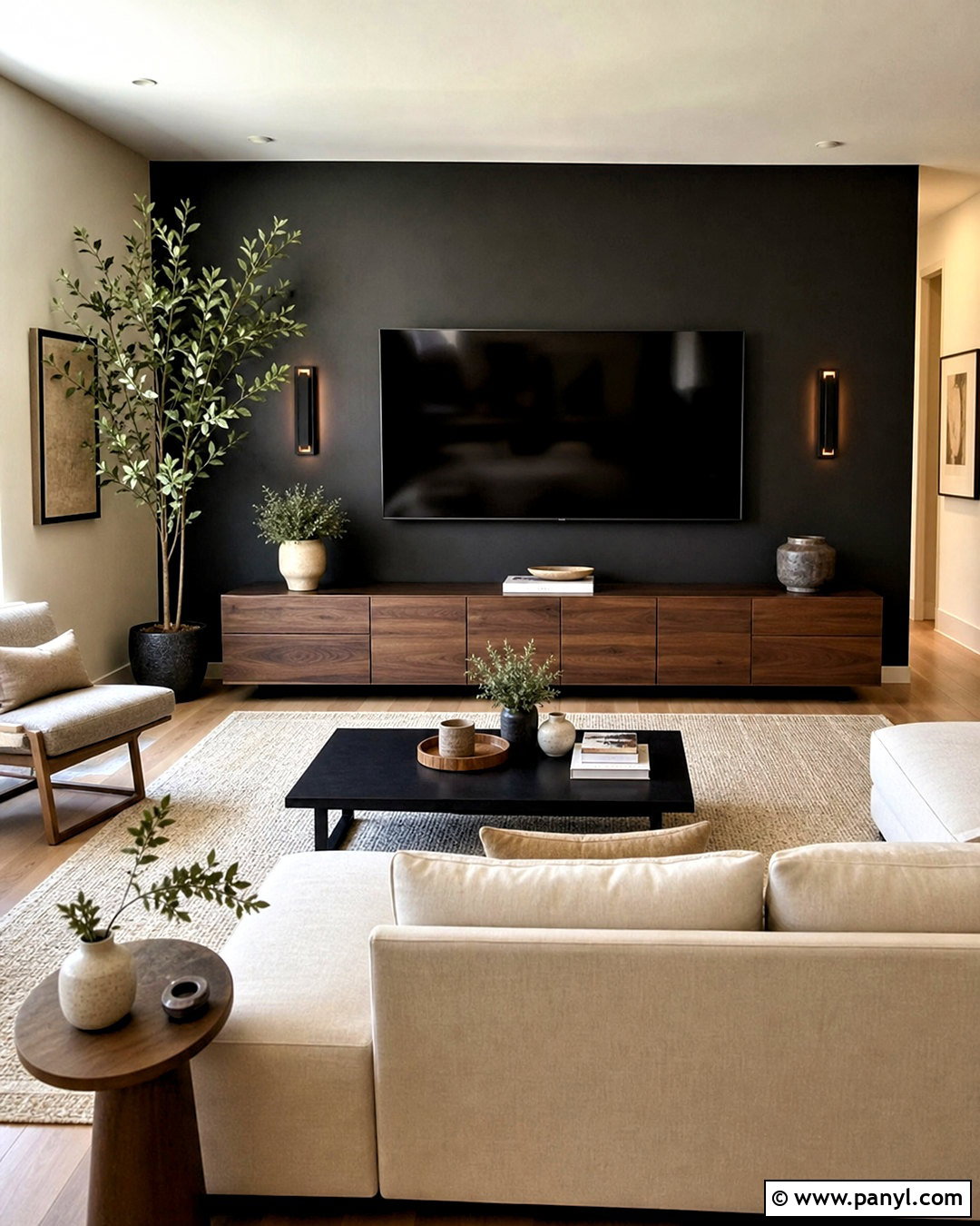 Matte Black TV Wall With Wood Console - 20 tv wall design black ideas