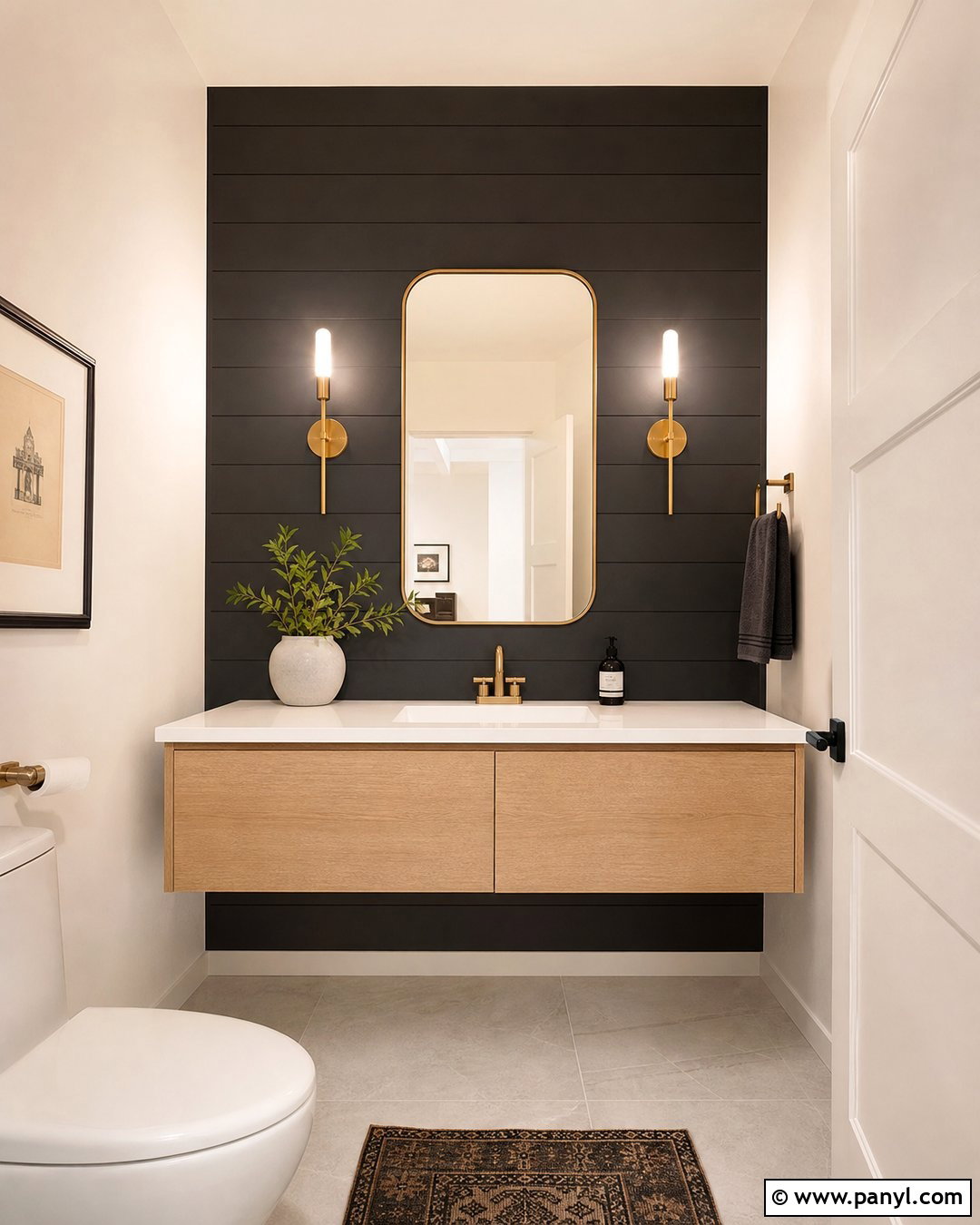 Matte Black Vanity Wall - 20 Black Accent Wall Half Bathroom Ideas
