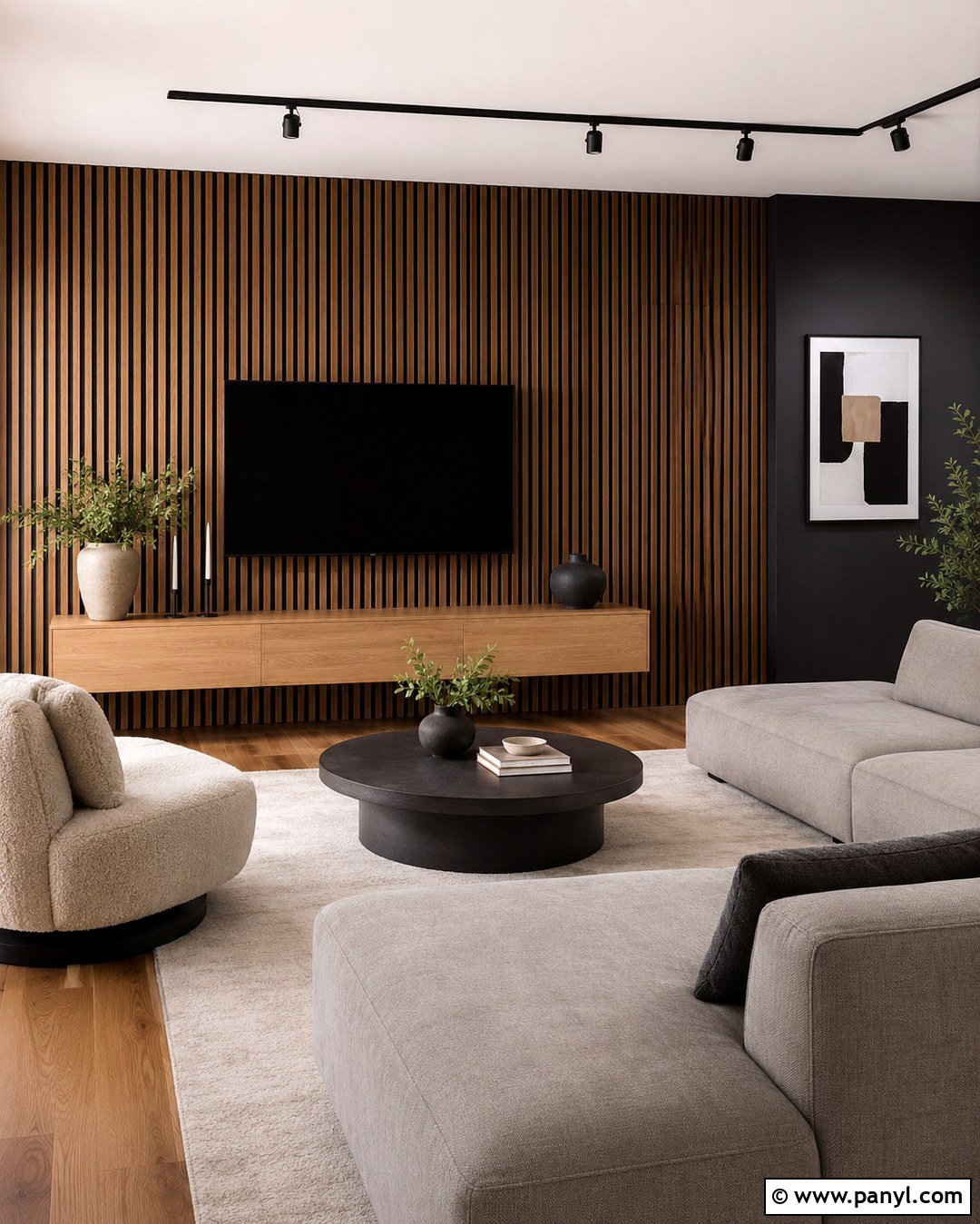 Matte Black Wall With Wood Slats - 20 Mat Black Wall Ideas