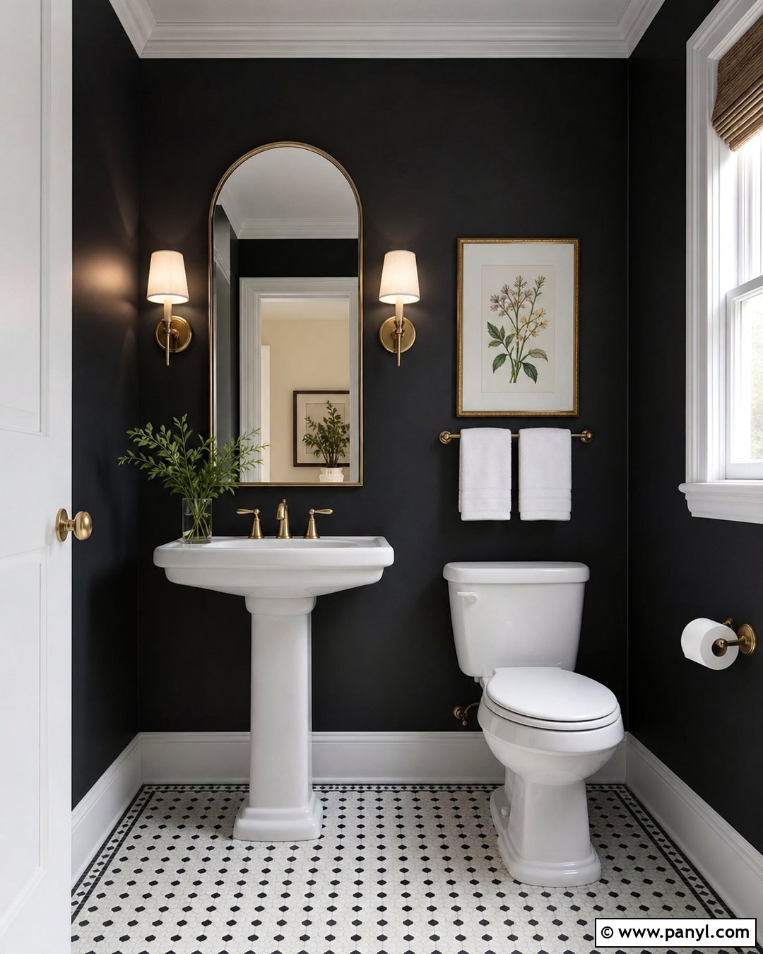 Matte Black Walls With A White Pedestal Sink - 20 Black Walls Half Bath Ideas