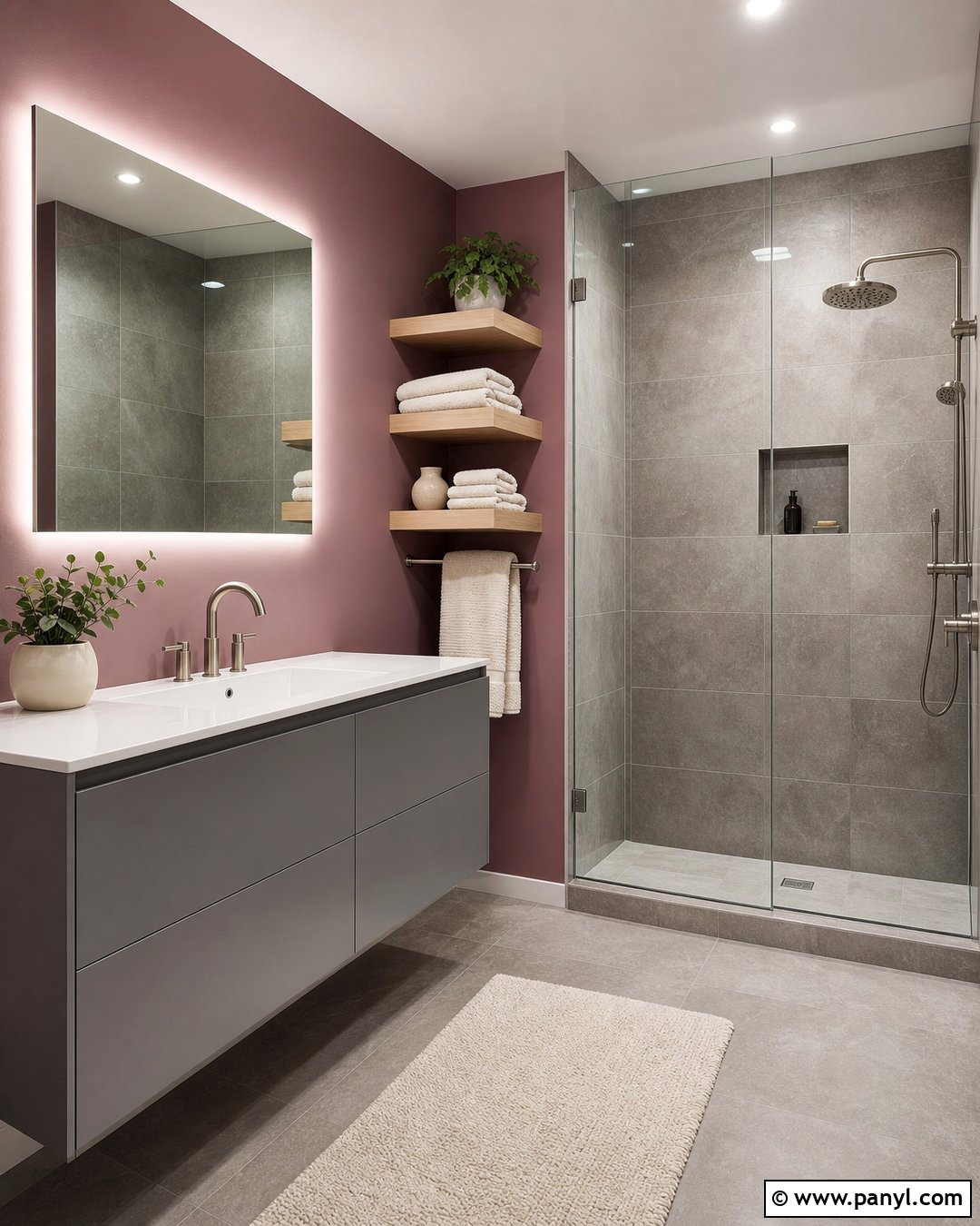 Mauve Pink Accent Wall With Gray Tile - 20 Modern Bathroom With Pink Accent Wall Ideas